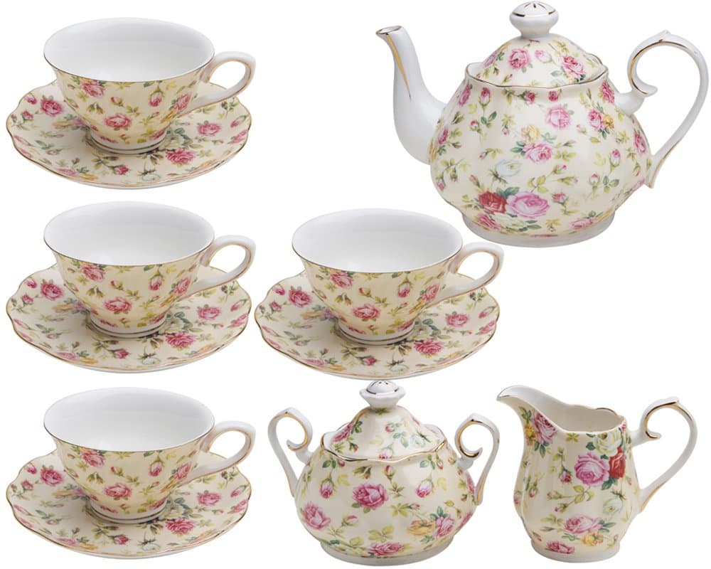 Gracie China by Coastline Imports Cream Cottage Rose Chintz 11-Piece Tea Set