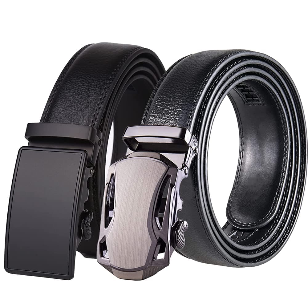 KASTWAVE Bt Men Adjustable Genuine Leather Dress Belts 2 Pack Gift Box Cuttable Size 44-52 Inches