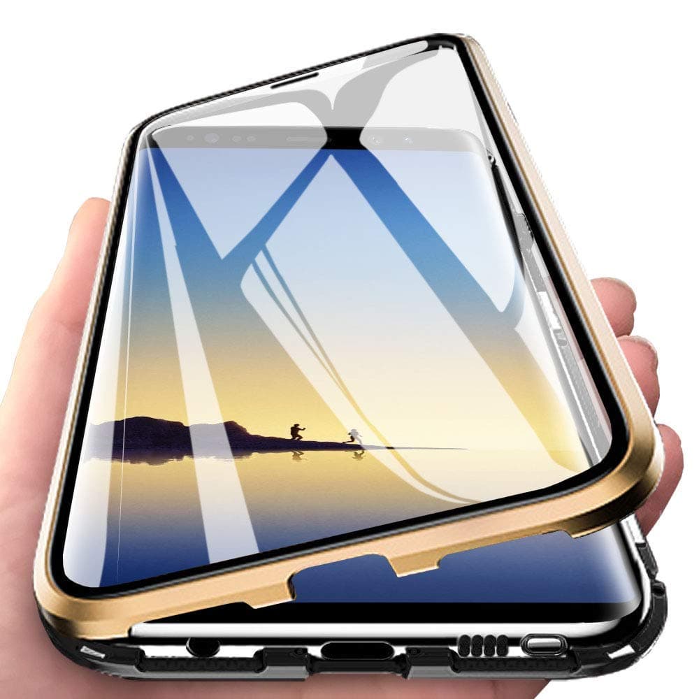 Compatible for Huawei P30 Lite (6.15") Case Magnetic Adsorption Case Magnets Metal Aluminum Frame Transparent Front and Back Tempered Glass 360 Degrees Fully Body Protective Case Cover,Gold Black