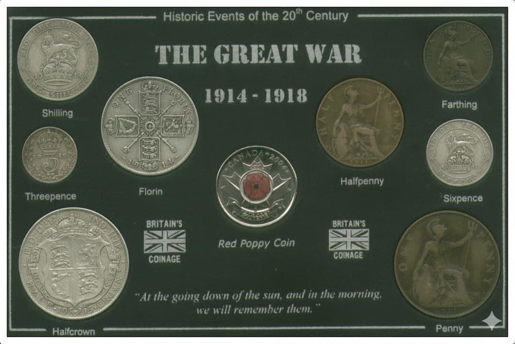 The Great War Vintage WWI World War One Poppy Coin Display Gift Set 1914-1918 (Veteran Remembrance Day Present)