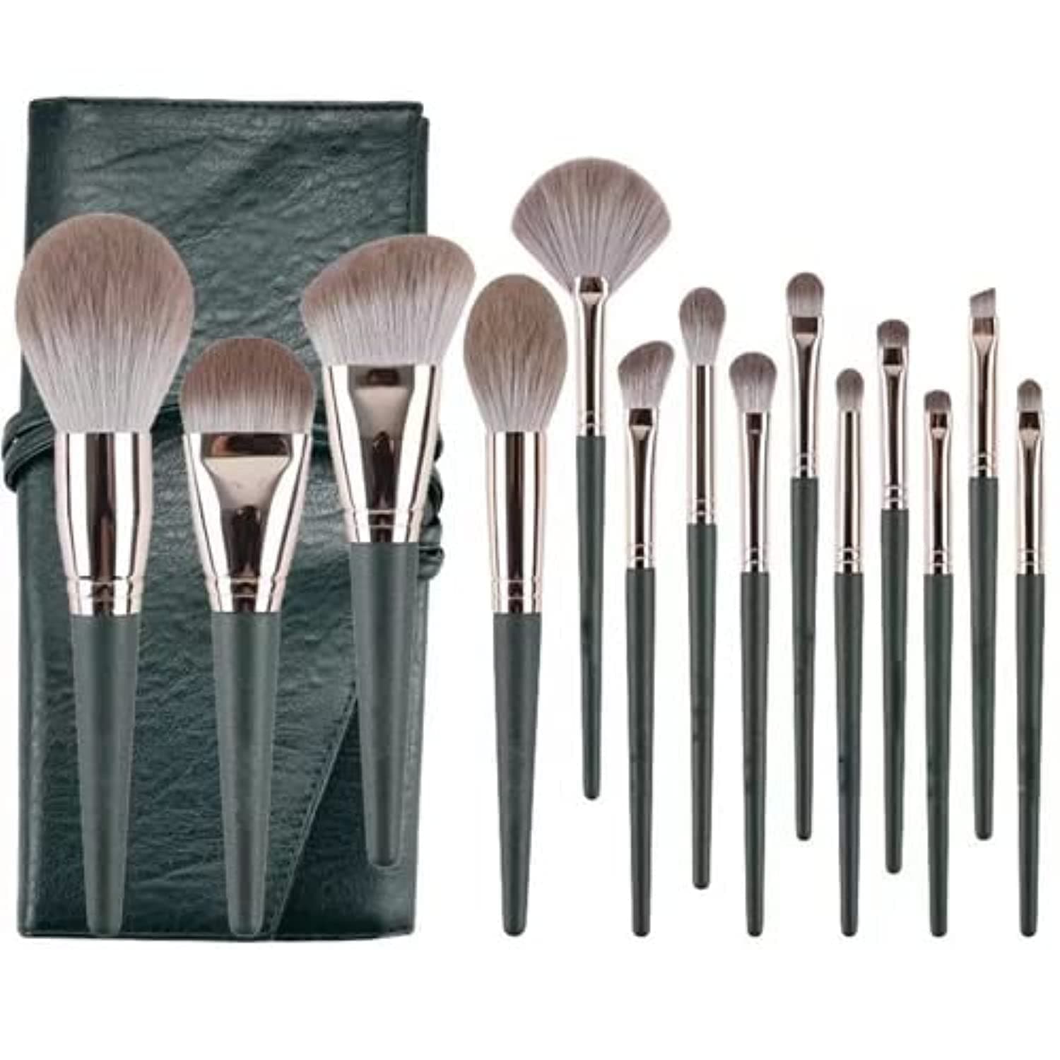 BananaHome 14pcs Premium Synthetic Powder Foundation Concealer Eyeshadow Blush Makeup Brush Set with Bag (Green)