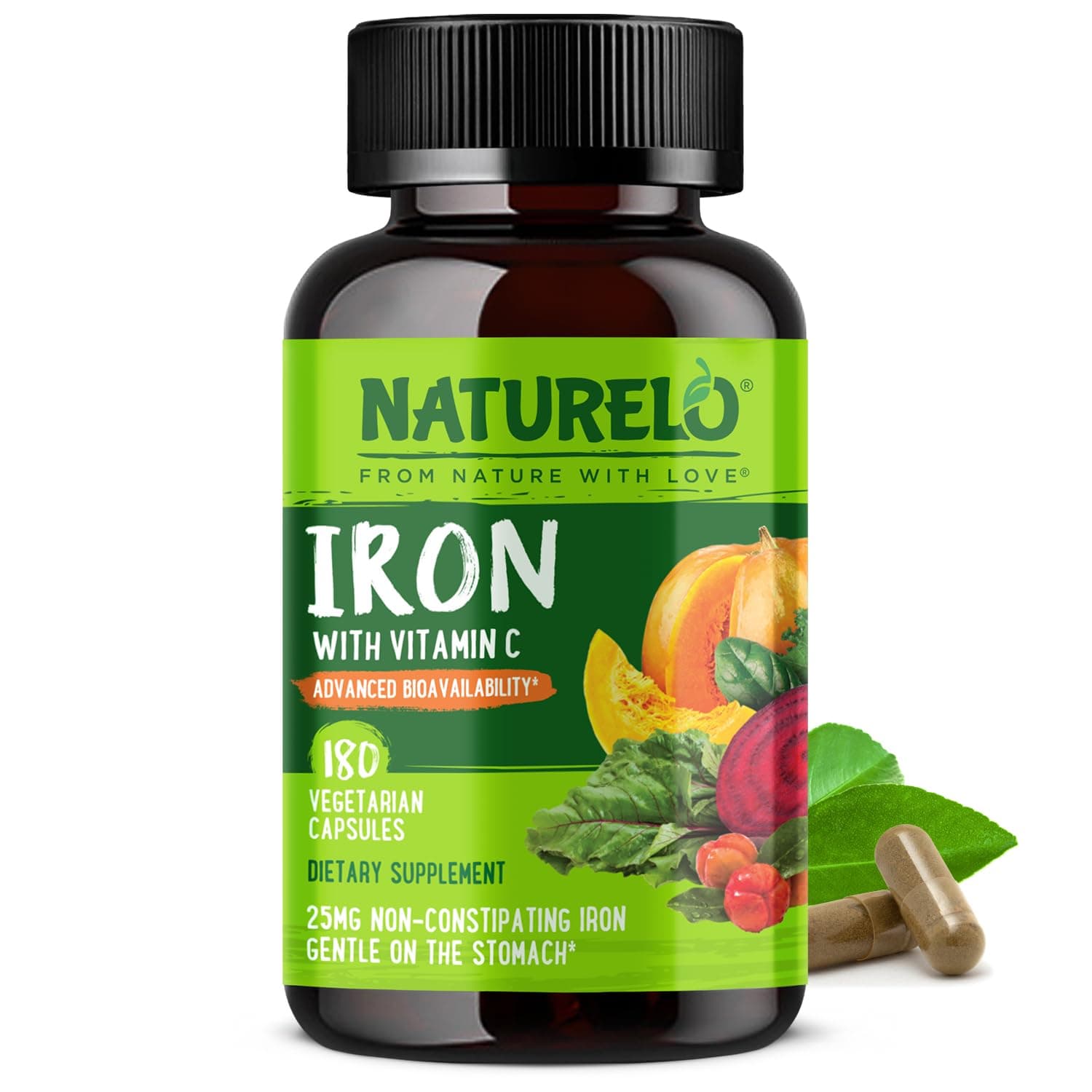 NATURELO Vegan Iron Supplement with Vitamin C and Organic Whole Foods - Gentle Iron Pills for Women & Men with Iron Deficiency Including Pregnancy, Anemia and Vegan Diets - 180 Mini Capsules