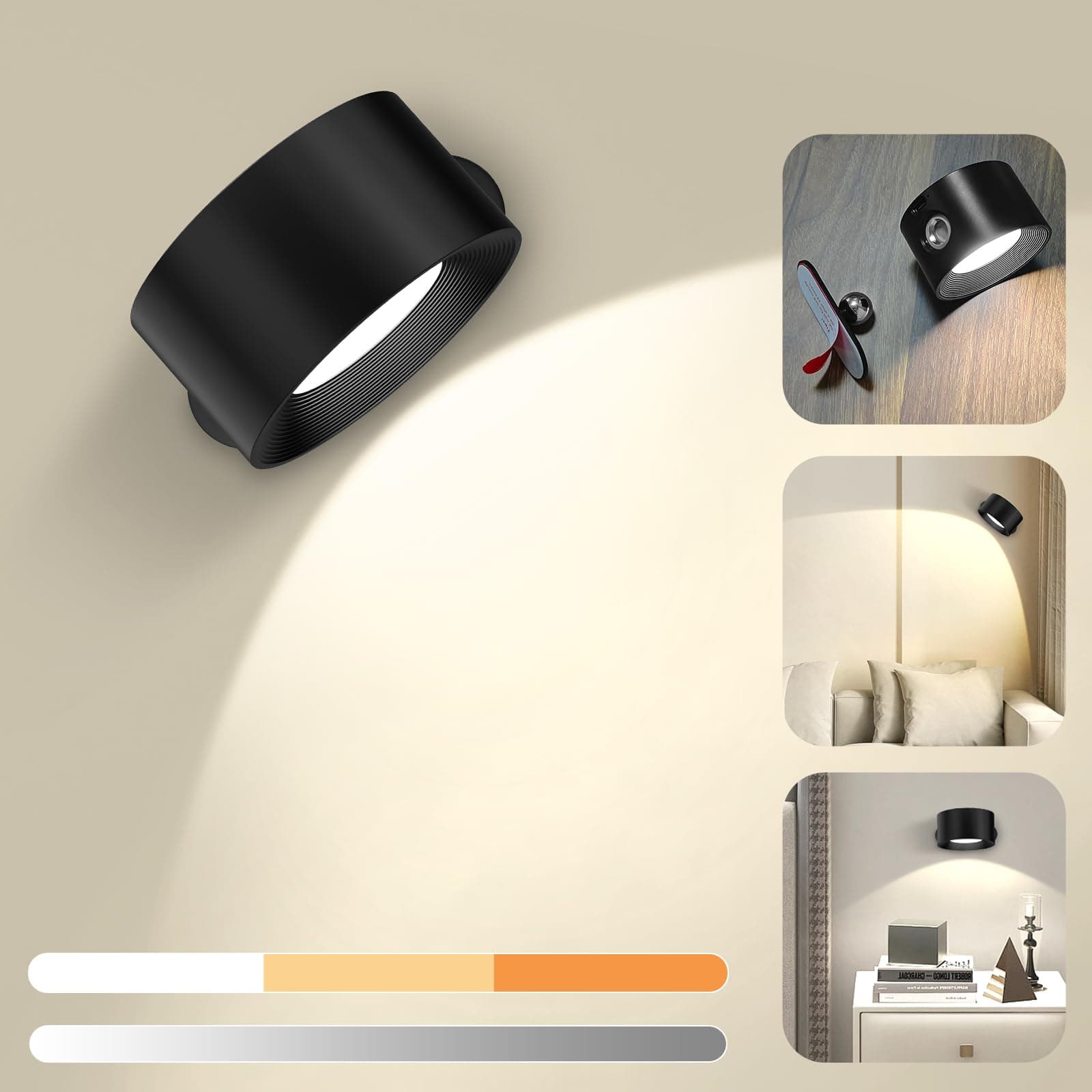 Modern LED Wall Lights, 360° Free Rotation Dimmable Picture Light, No Drill Needed, Wall Sconce for Bedroom Living Room Nightstand Reading (Black, 1Pack)