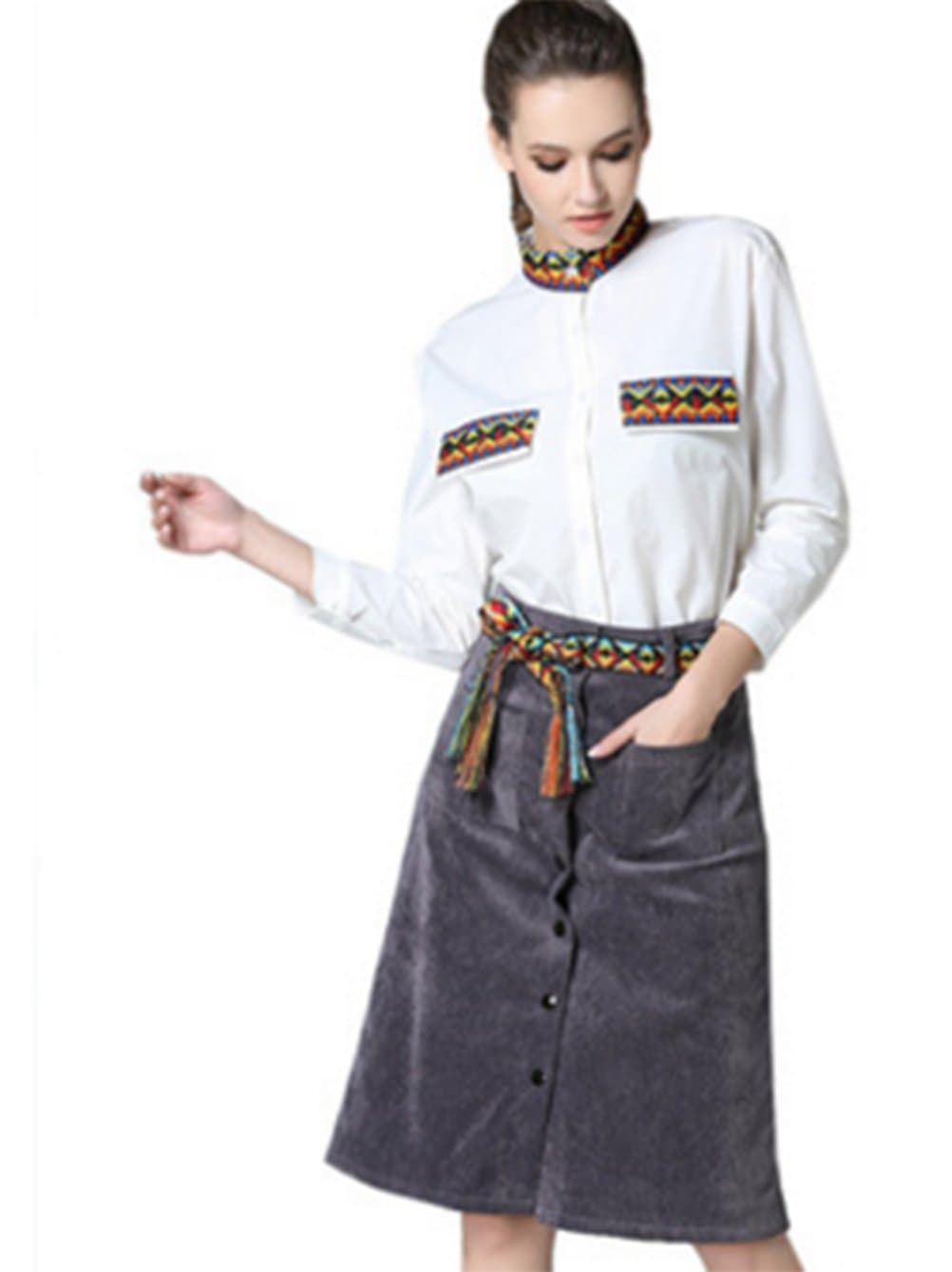 YALI Collar Shirt + Skirt Knit Stitching Character Set,Map color,L