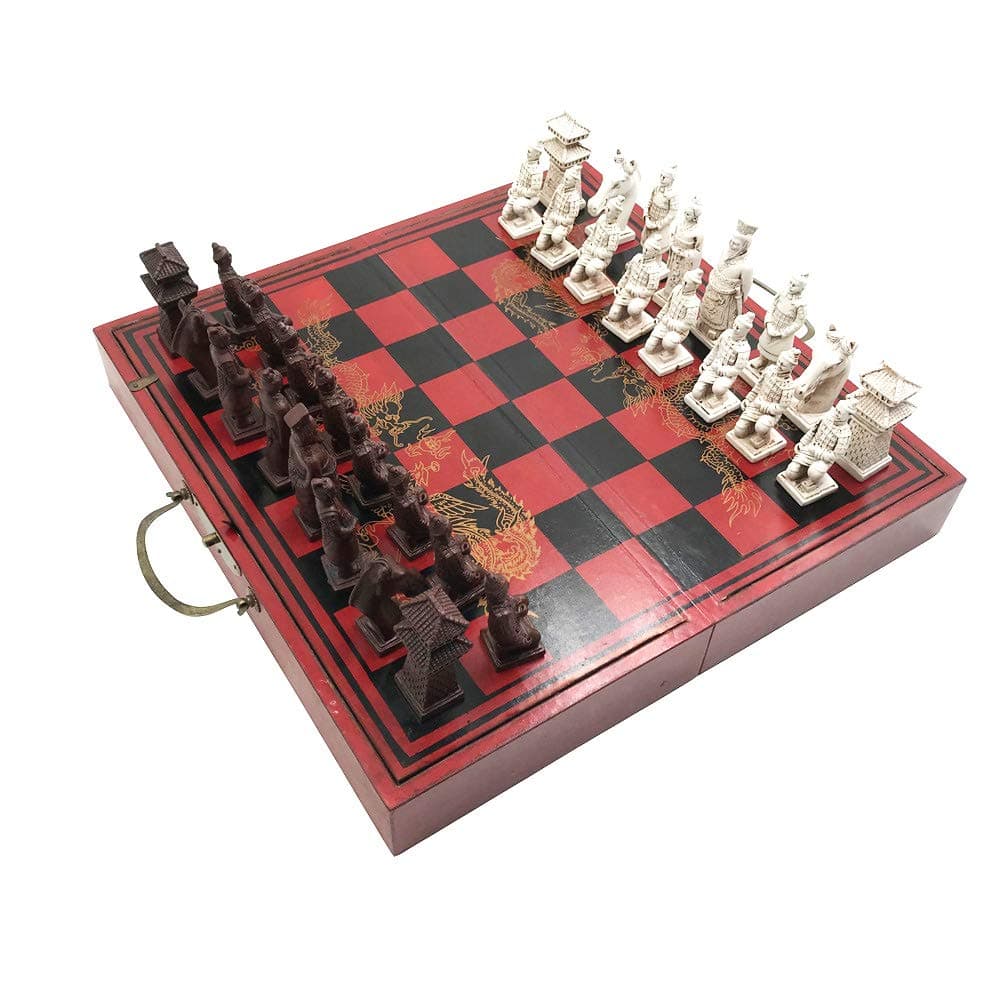 IADUMO Portable Travel Chess Set with Folding Chess Board Handmade Terracotta Warriors Chess Pieces Chessboard Games for Children and Family(15.7x15.7x2.1 Inch)