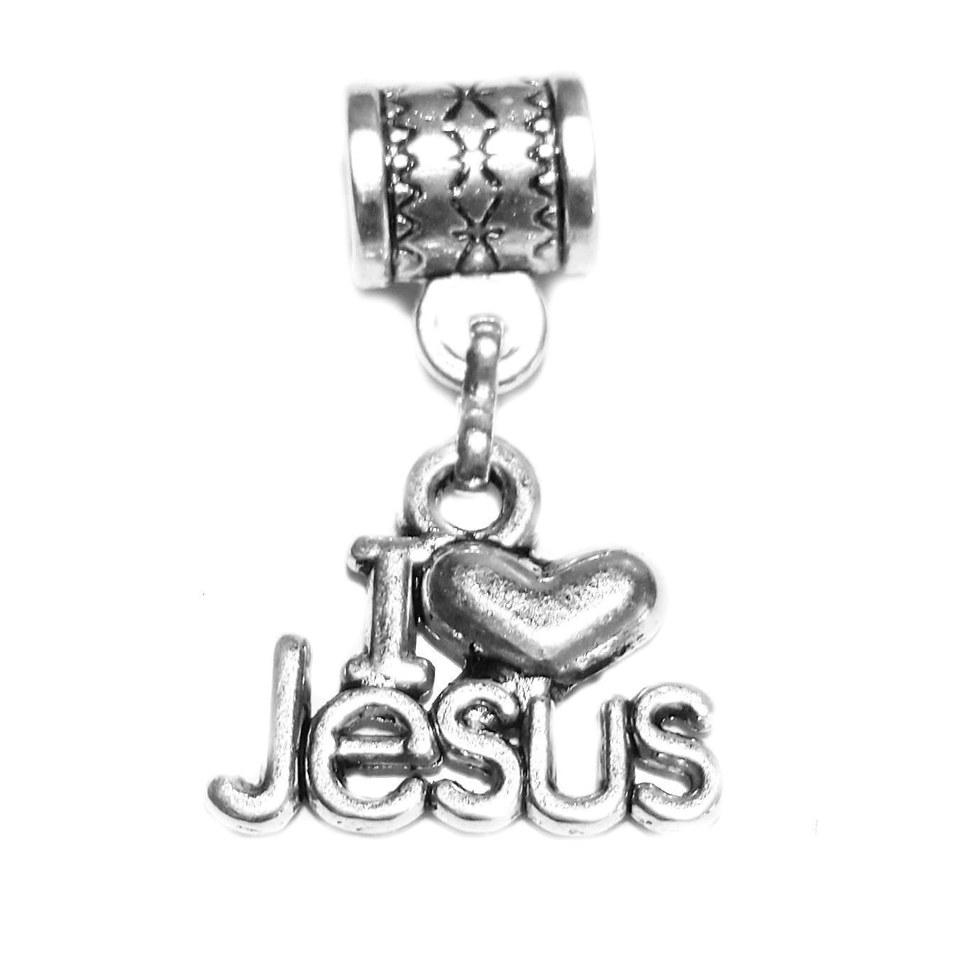 "I Love Jesus charm" is a Tibetan silver hanging charm by Mossy Cabin for large hole snake chain charm bracelets, or to add to a pendant necklace, neck chain or key chain.