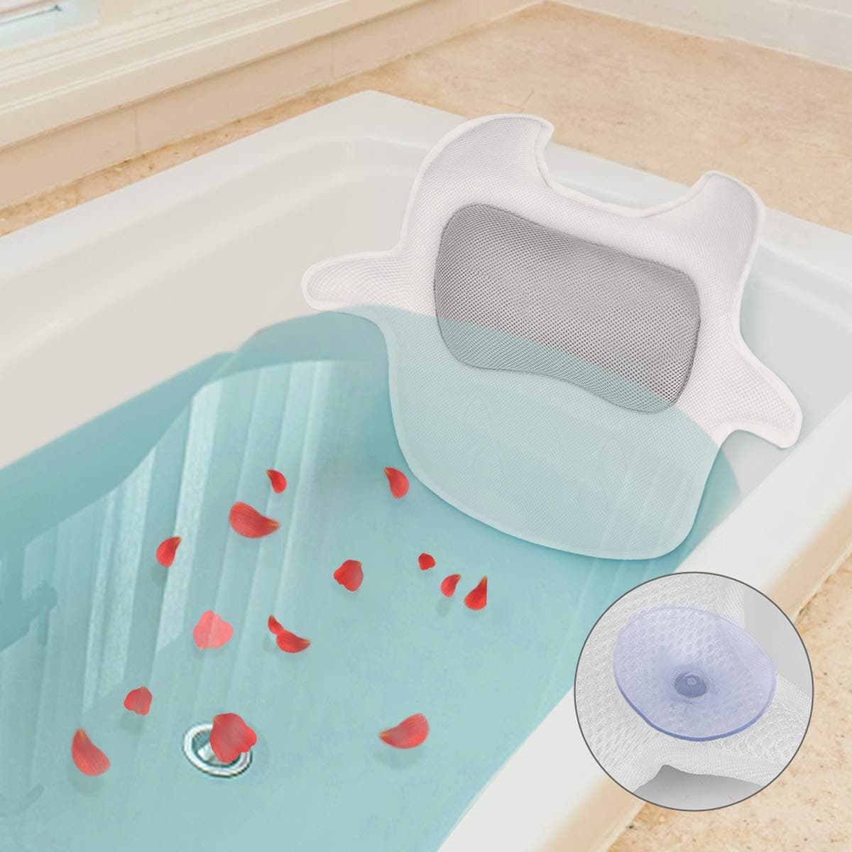 Premium Spa Bath Pillow for Tub, Bathtub Pillow Cushion with Head, Neck, Shoulder and Back Support. Quick Drying 3D Air Mesh Technology, Non-Slip（2019 Wider Design）