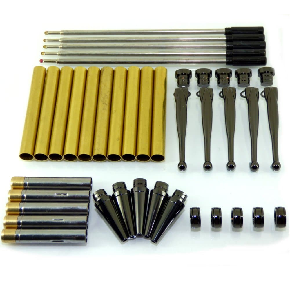 Woodturning Fancy Slimline Pen Kit Set x 5, Gun Metal Finish, Twist Mechanism