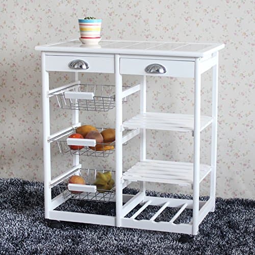 HomVent Small Kitchen Island Cart,Rolling Microwave Stand Baker Cart Trolley Table with 2 Drawer 3 Basket 3 Shelf for Kitchen Dining Room White