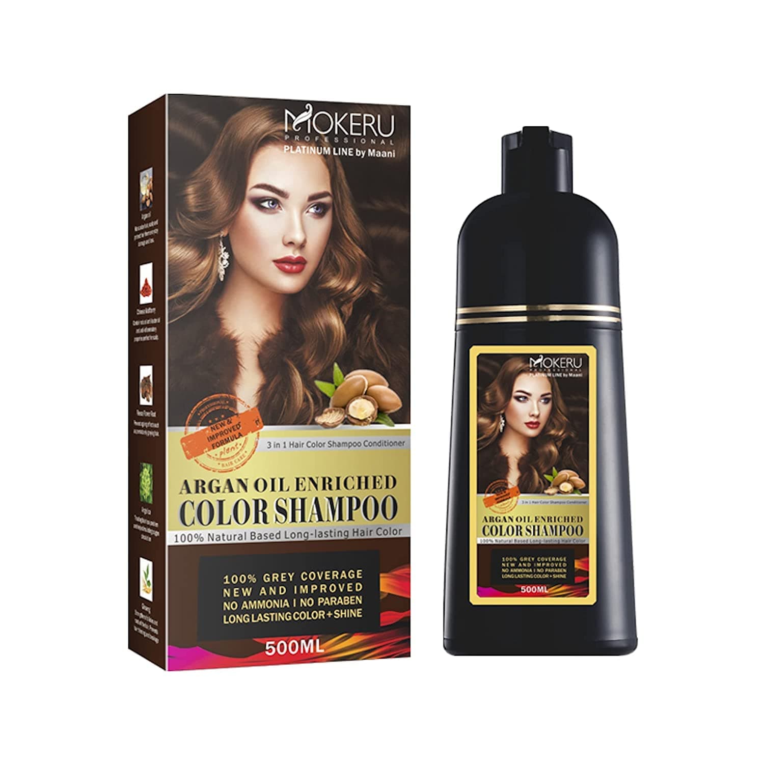MOKERU Professional Argan Oil Hair Dye Color Shampoo 500 ML I New & Improved Formula Ammonia Free Paraben Free I Instant Fast Acting Long Lasting Signature Platinum Line by Maani (Light Brown)