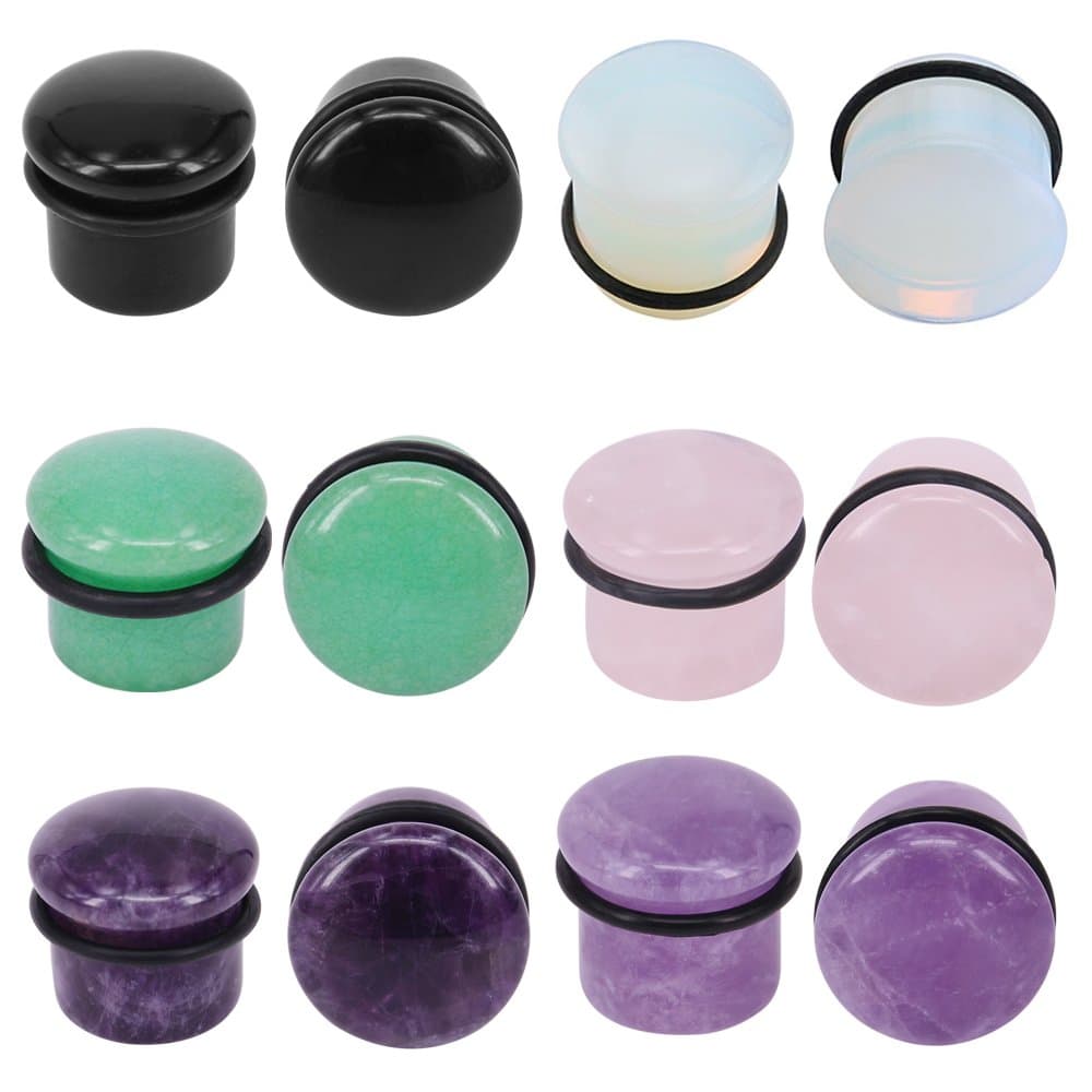 6Pairs 4g-11/16” Multiple Stone Single Flared Ear Plugs with Silicone O-Ring Expander Gauges