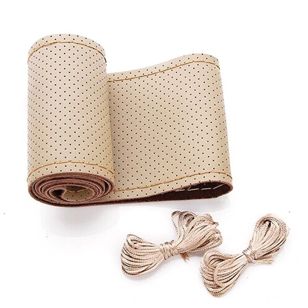 AULLY PARK Leather Car Steering Wheel Cover Stitching Style with Needle and Thread (Size S, Beige)
