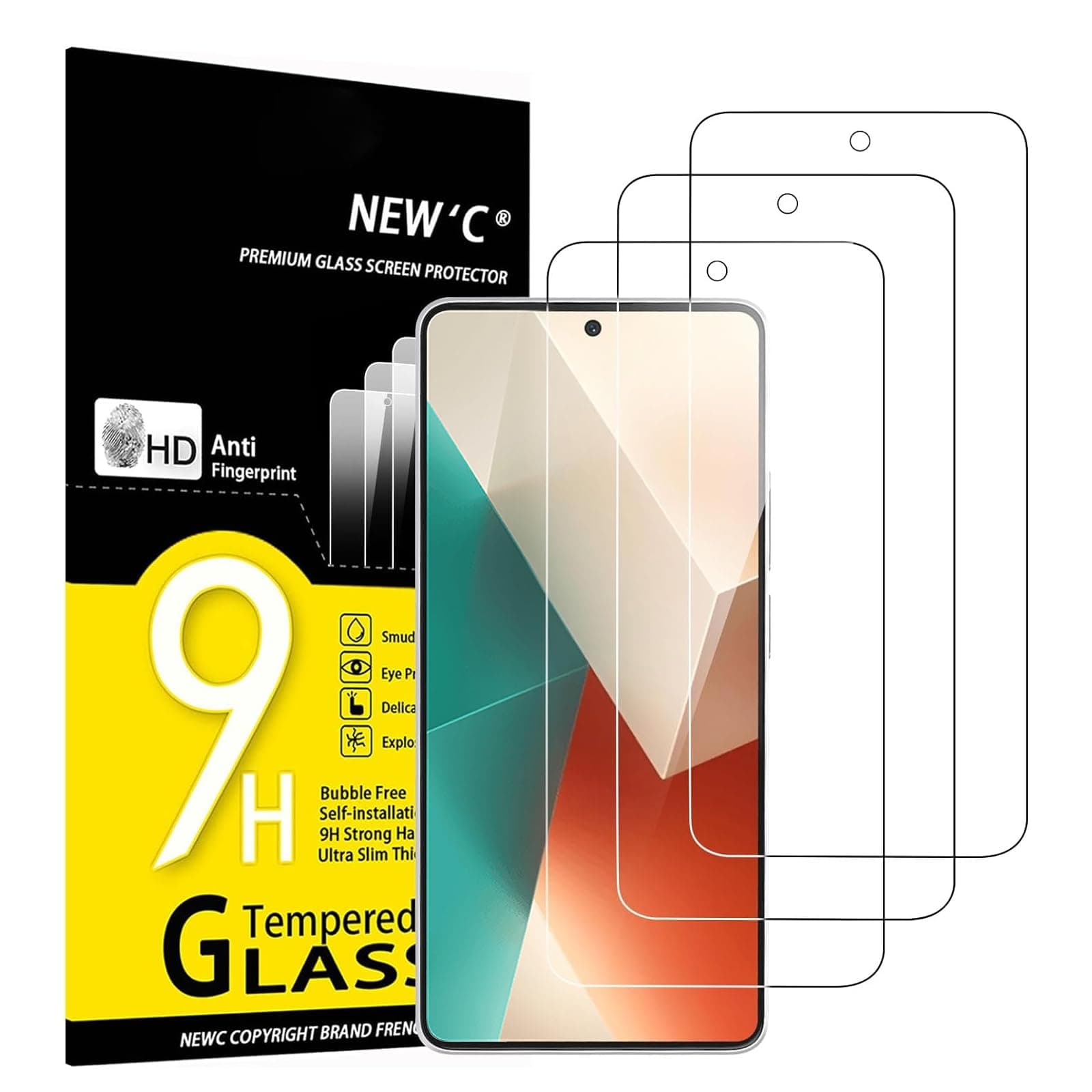 NEW'C 3 Pack, Screen Protector for Xiaomi Redmi Note 13 5G/4G, Tempered Glass Screen Protector Film 0.33mm ultra transparent, ultra resistant