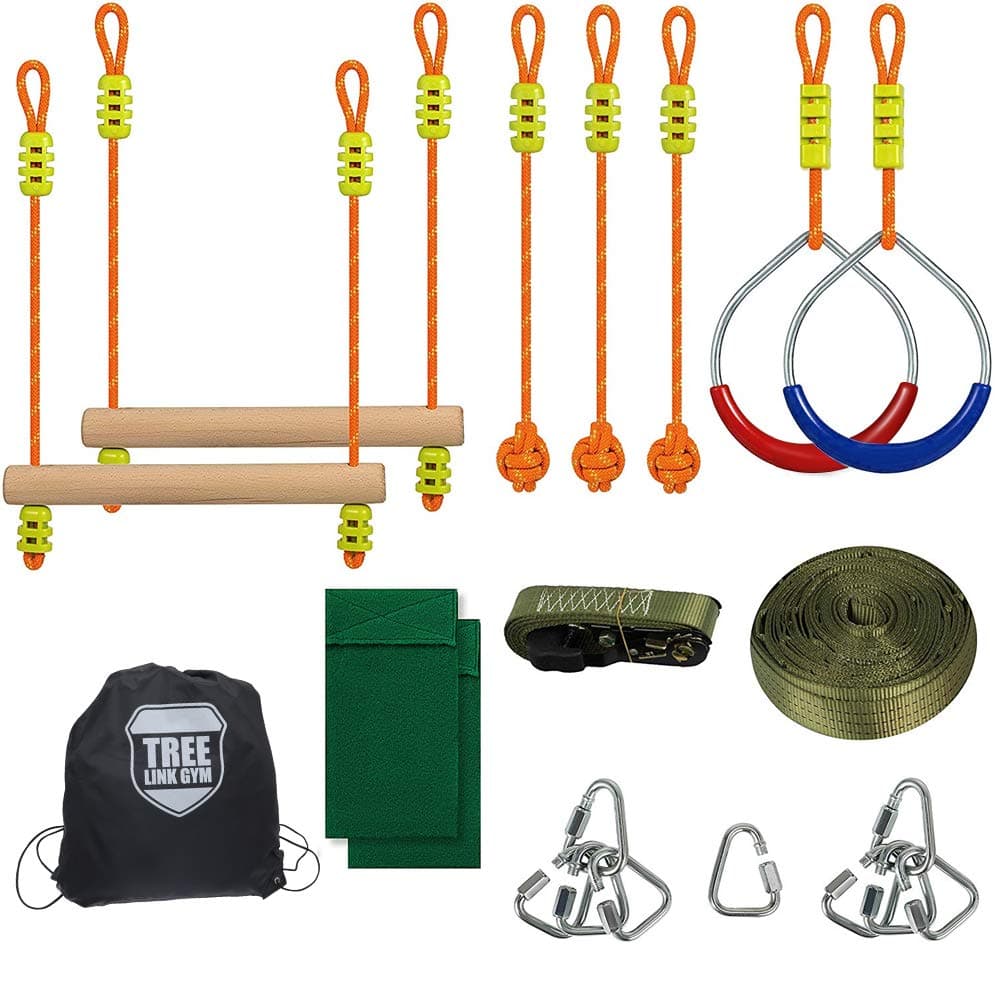 happypie 16m(52ft) Ninja Slackline for Warrior Obstacle Course Training Equipment with Monkeys Bars, Training Ring, Ninja Ball, Carry Bag and Tree Protector for Kids