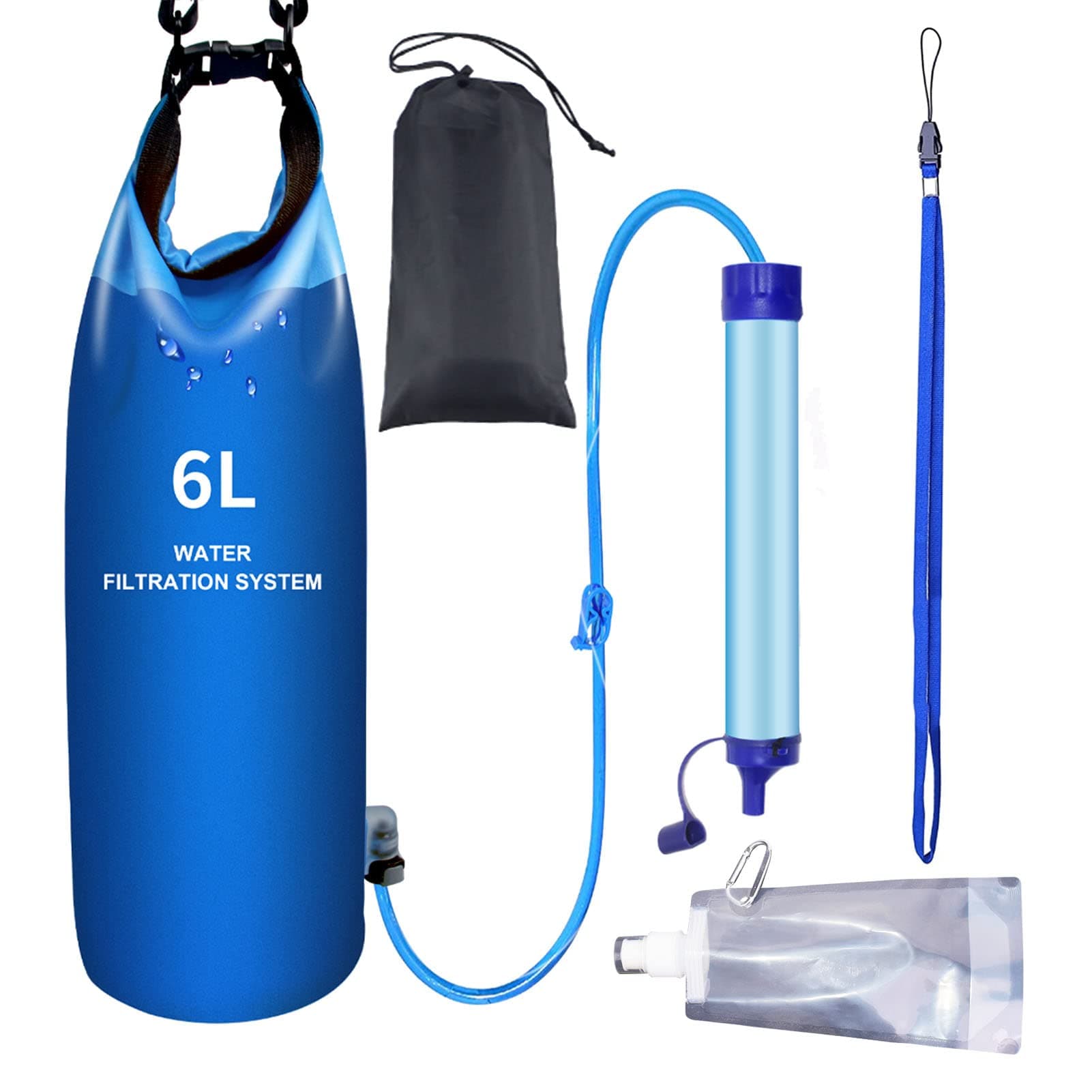 JUSTMYSPORT Gravity Water Filter, 6L, Portable Water Purifier Survival with Adjustable Tree Strap, Survival Water Bag, Group Personal Water Filter for Travel Camping Hiking Emergency Preparedness