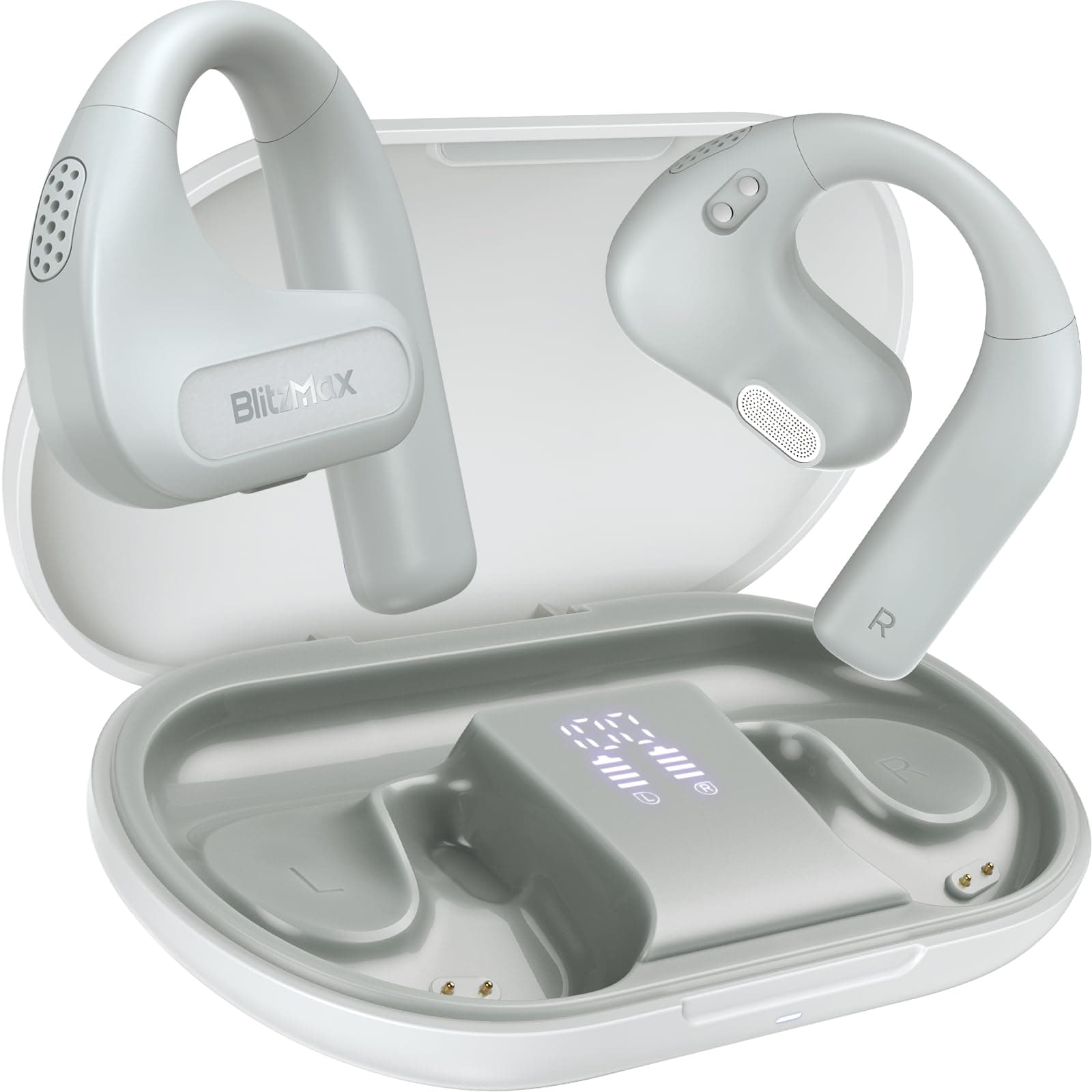 BlitzMaxOpen Ear Headphones,True Wireless Bluetooth 5.3 Open Ear Earbuds, Enhanced Bass 16.2mm Drivers, Long-Lasting Comfort, 60H Playtime LED Display, IPX5 Waterproof for Sports, Driving - Grey