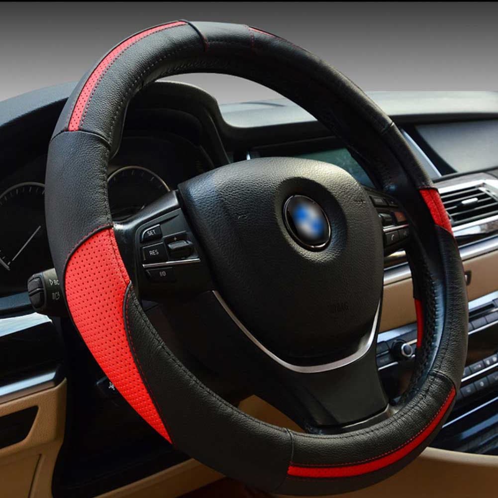 Classic Sport Style Steering Wheel Cover, Luxury Genuine Leather, Odorless, Excellent Grip, 1.5lb, Microfiber Leather Fits Standard Size 14.5-15.5" Steering Wheel (Red and Black)