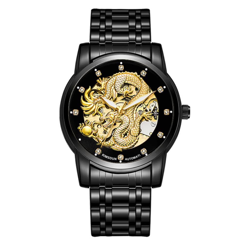 Men’s Luxury Mechanical Skeleton Automatic Self-Winding Stainless Steel Lumious Watch Dragon Carved Dial Diamond Business Watches Waterproof Wristwatch