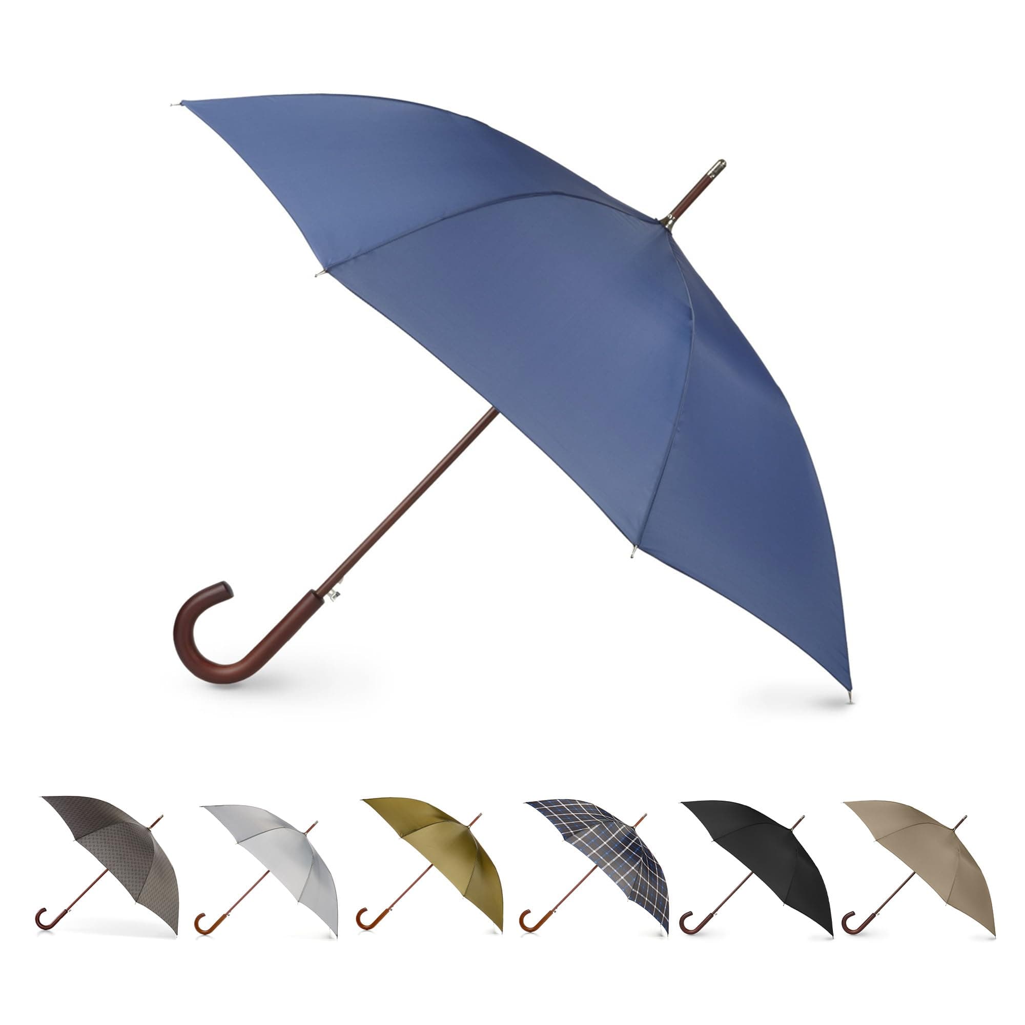Tote's Men's Eco Auto Open Wooden Handle J Stick Umbrella, Blue, One Size, Auto Wooden Stick