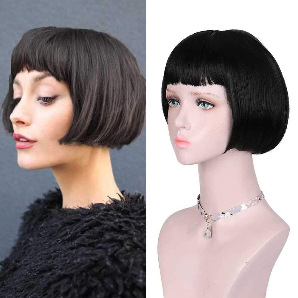 DIFEI Retro Wig Super Short Bob Wigs Black Straight Wigs with Above Eyebrows Bangs for Women (Black) (Black)
