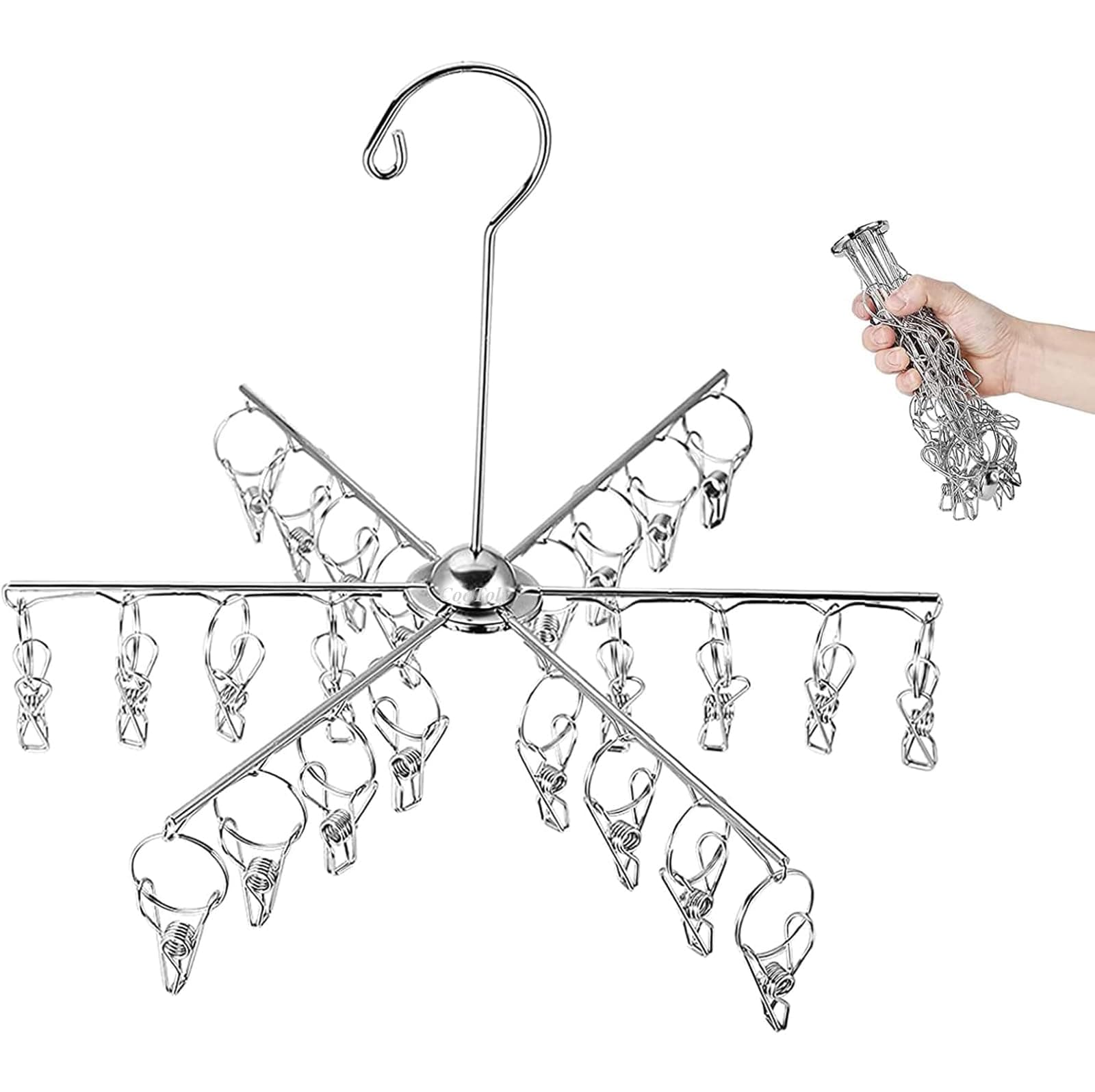 Foldable Clothes Drying Rack with Clips,24 Pcs Stainless Steel Laundry Clips Hanger for Socks Underwear, Drying Towels and Baby Clothes (Metal, Sliver)