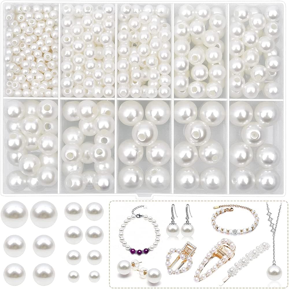 KASTWAVEKASTWAVE 470PCS White Round Pearl Beads for DIY Crafts, Loose Bracelet Pearls with Hole for Jewelry Making, Necklaces, Choker, and Repairing