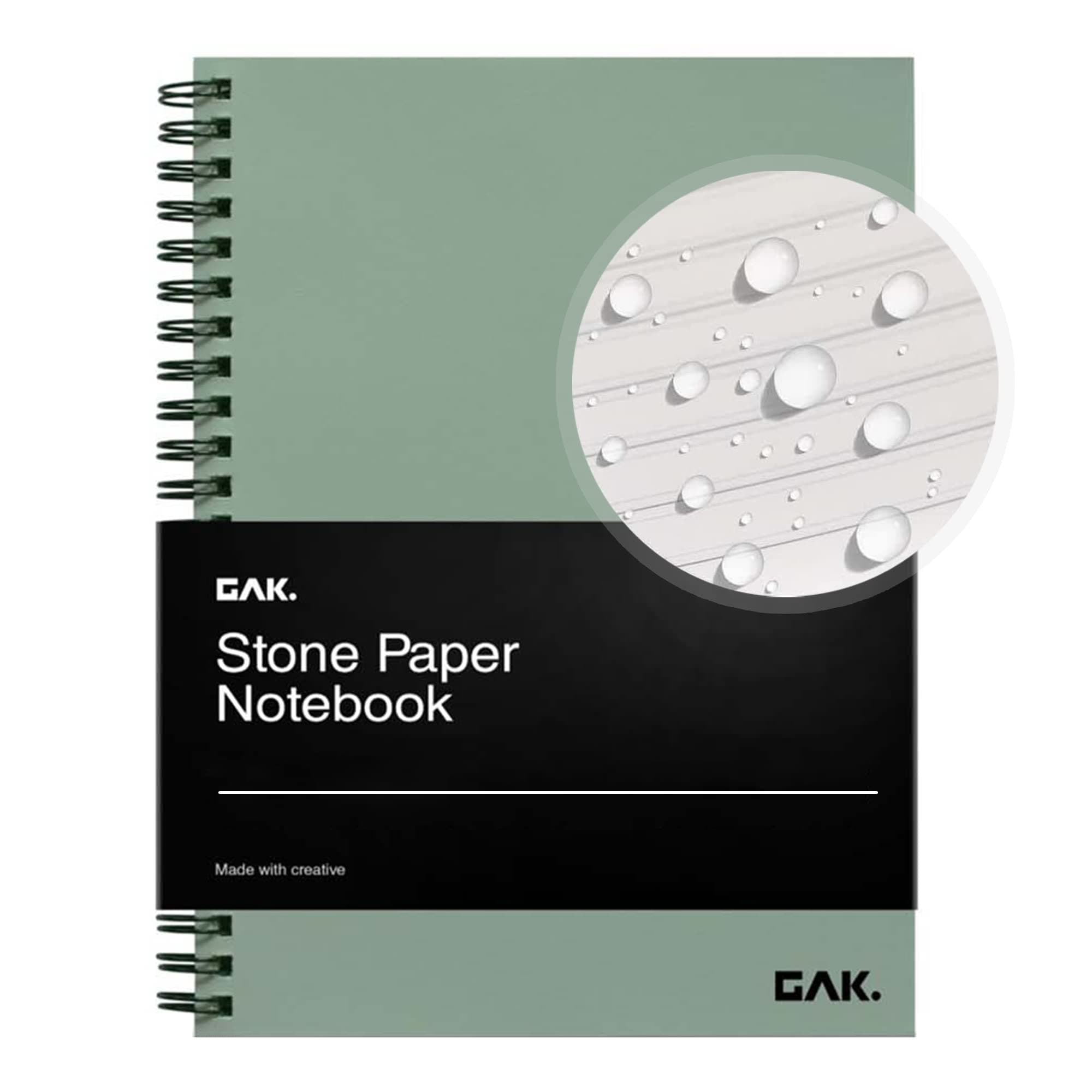 GAK. Stone Paper Waterproof Spiral Notebook, 7.20”x10.11”, 50 sheets, Durable Notebook, Eco-Friendly Mineral Stone Paper Notebook, Waterproof Notepad, Ruled, Green