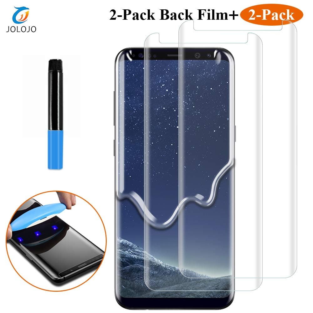JOLOJO Galaxy S8 Plus Screen Protector Liquid UV Glass [Liquid Dispersion Tech] Premium Tempered Glass [Case Friendly] 9H Hardness + Back Film [Front and Back] for Samsung Galaxy S8 Plus - Clear