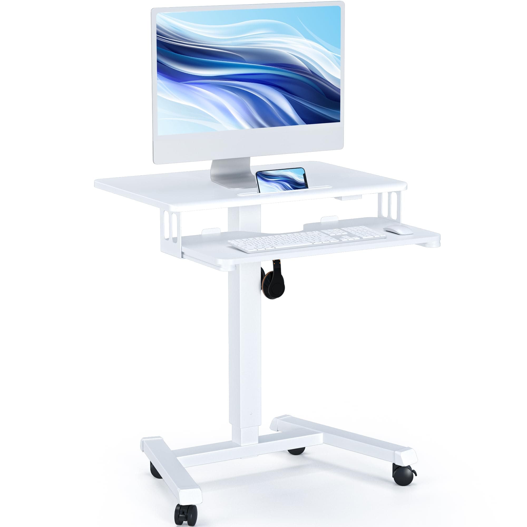 65×45cm Mobile Computer Workstation, Height Adjustable Laptop Stand 72–112cm, Portable Desk on Wheels, Compact White Study Desk, Movable Side Table, Small Standing Desk, Office Workstation