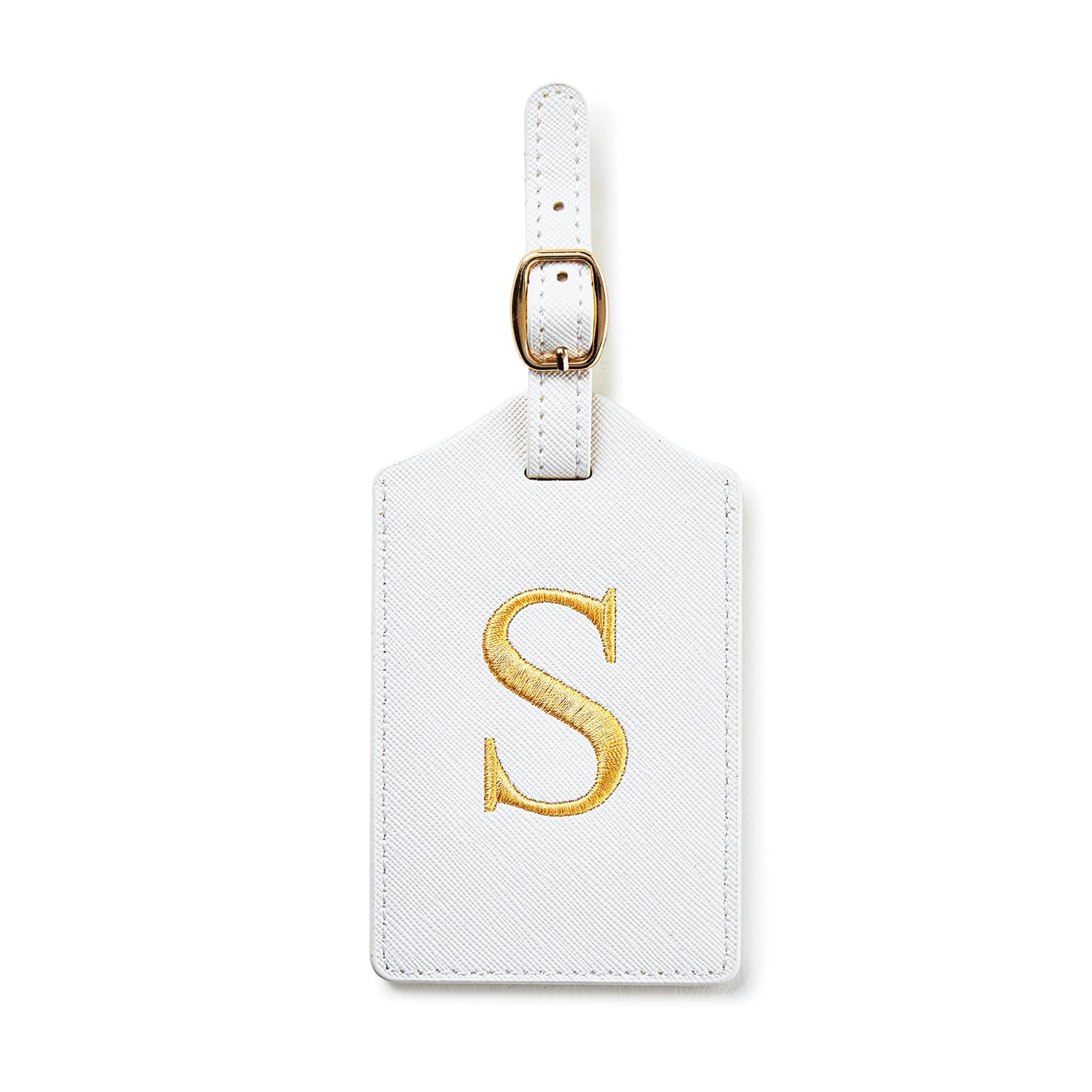 Initial Luggage Tag, PU Leather Luggage Tag, Embroidered Luggage Tag, Letter Luggage Tag, Monogrammed Luggage Tag, Luggage Tag for Baggage Bag Suitcase (S, White Leather+Gold Letter)