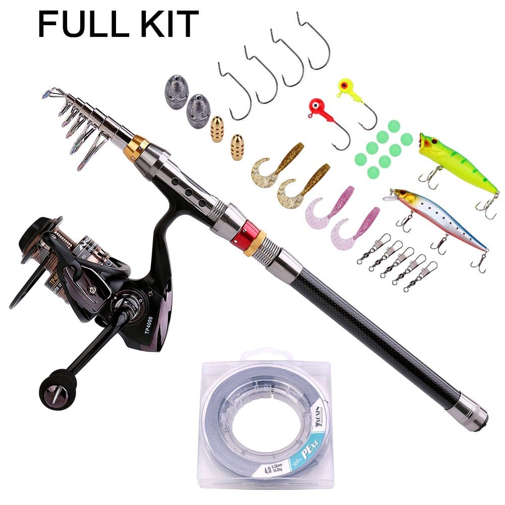 Gosccess Spinning Fishing Rod and Reels Combos FULL KIT Carbon Telescopic Fishing Rod with Saltwater Reel Line Lures Hooks and Accessories Saltwater Freshwater Fishing Full Kit