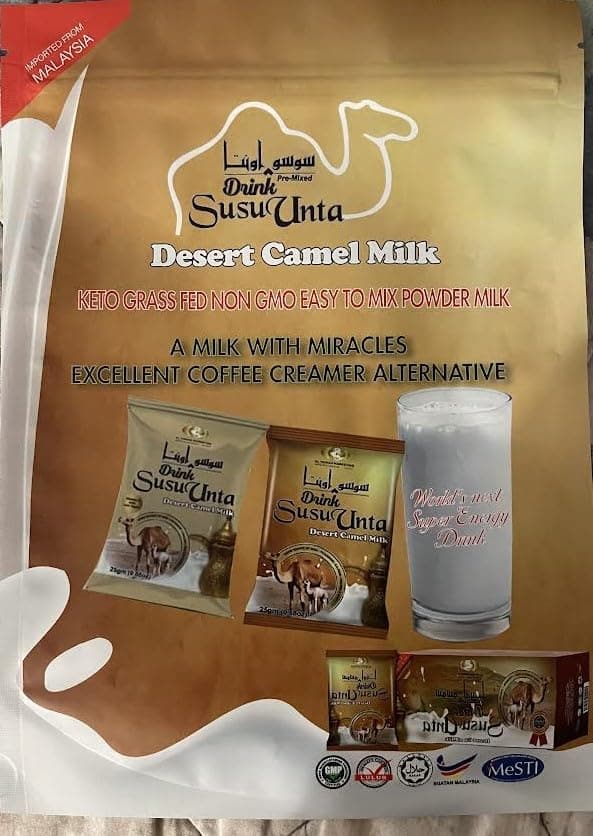 SUSU UNTA Camel milk powder RAW (1box)=(20's) sachets x 25g makes (17.64 Oz)=(500 gms)=(176 fl oz) HALAL & KOSHER (YASEEN TRADING INC).USA ORIGIN.