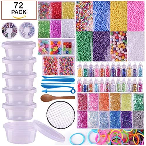 VIVOE Slime Supplies Kit - 72 Packs Slime Beads Charms Include Foam Balls, Fishbowl Beads, Glitter, Fruit Slices, Pearls, Slime Mylar Flake, Slime Containers for Arts Crafts Orna(72 pack Supplies Kit)