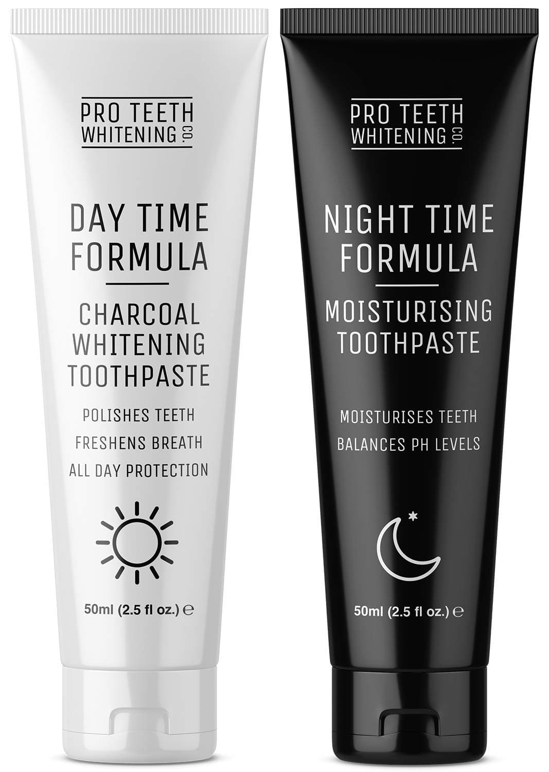 Day & Night Toothpaste Complete Oral Care Travel Set – Activated Charcoal Teeth Whitening & Moisturising/Anti-Dry Mouth – 2 x 50ml Mint Vegan Toothpastes - Made in The UK by Pro Teeth Whitening Co.