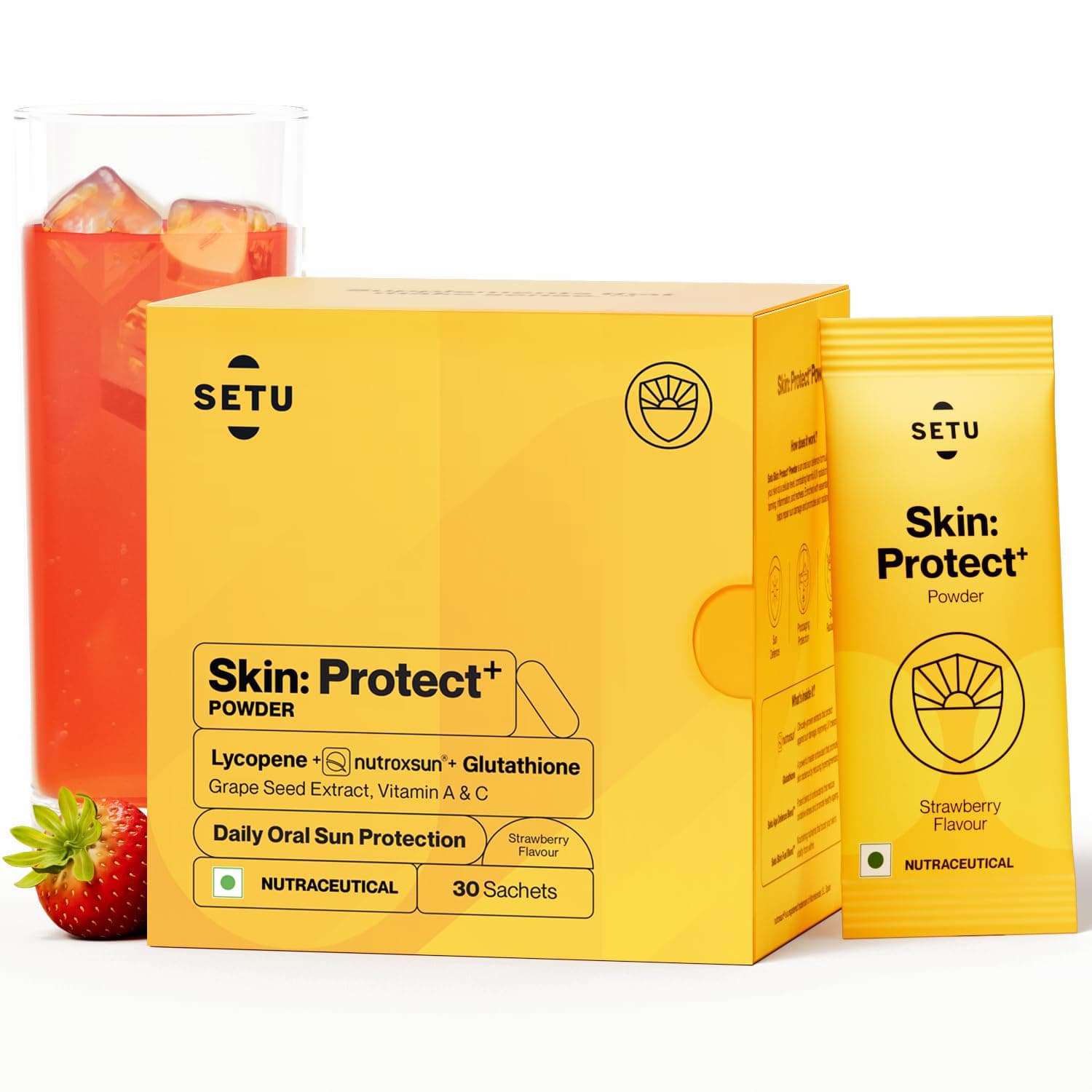 Skin Protect - First Drinkable Sunshield with Plant Based NutroxSun & Glutathione for Advanced Sun Protection Boosts UV Tolerance, Reduces Pigmentation Photoaging (30 Sachets, Strawberry)