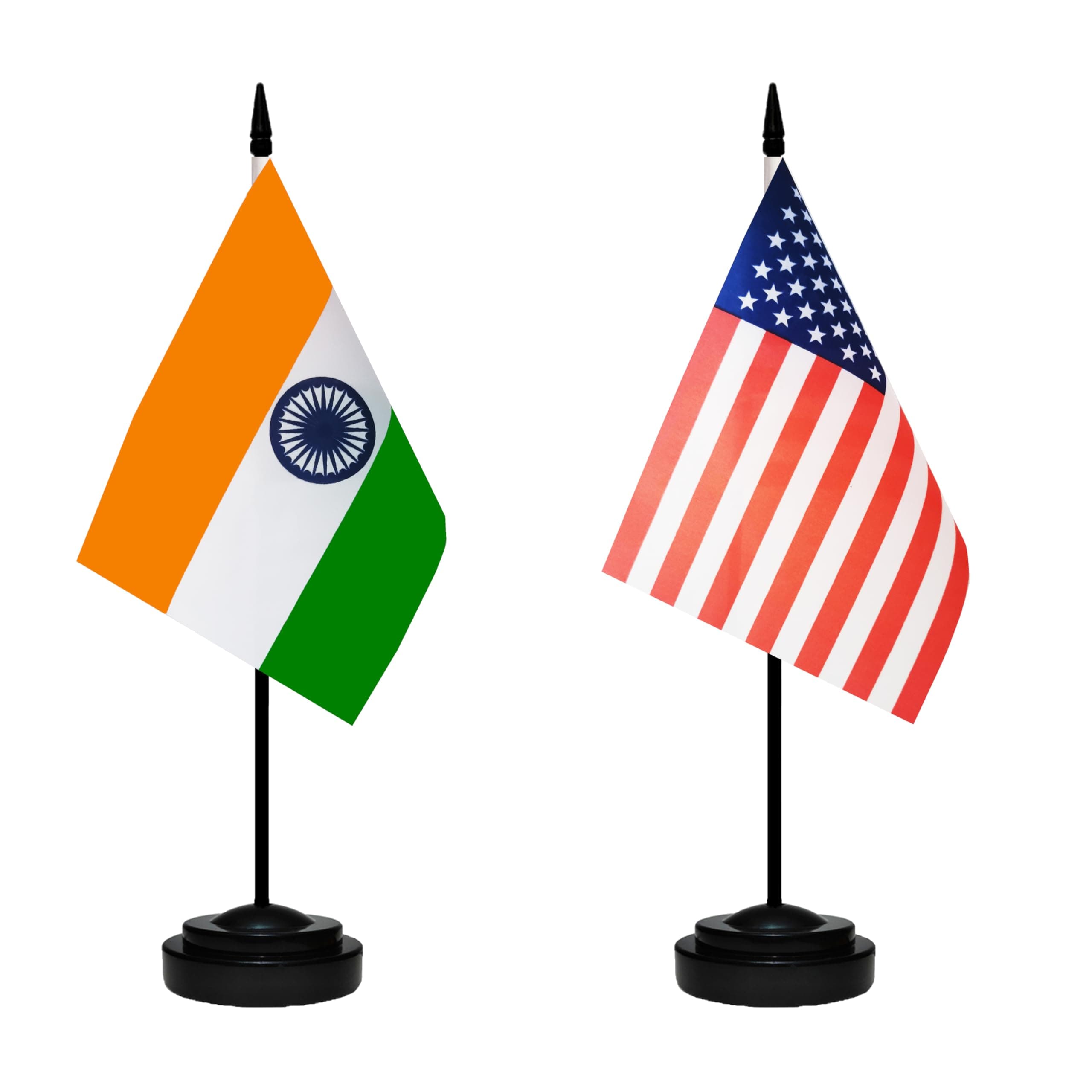 USA American & India Indian Desk Flags, US India Office Table Flag, Small Mini Miniature Indian and US Desktop Flag With 13" Solid Black Pole, Black Base