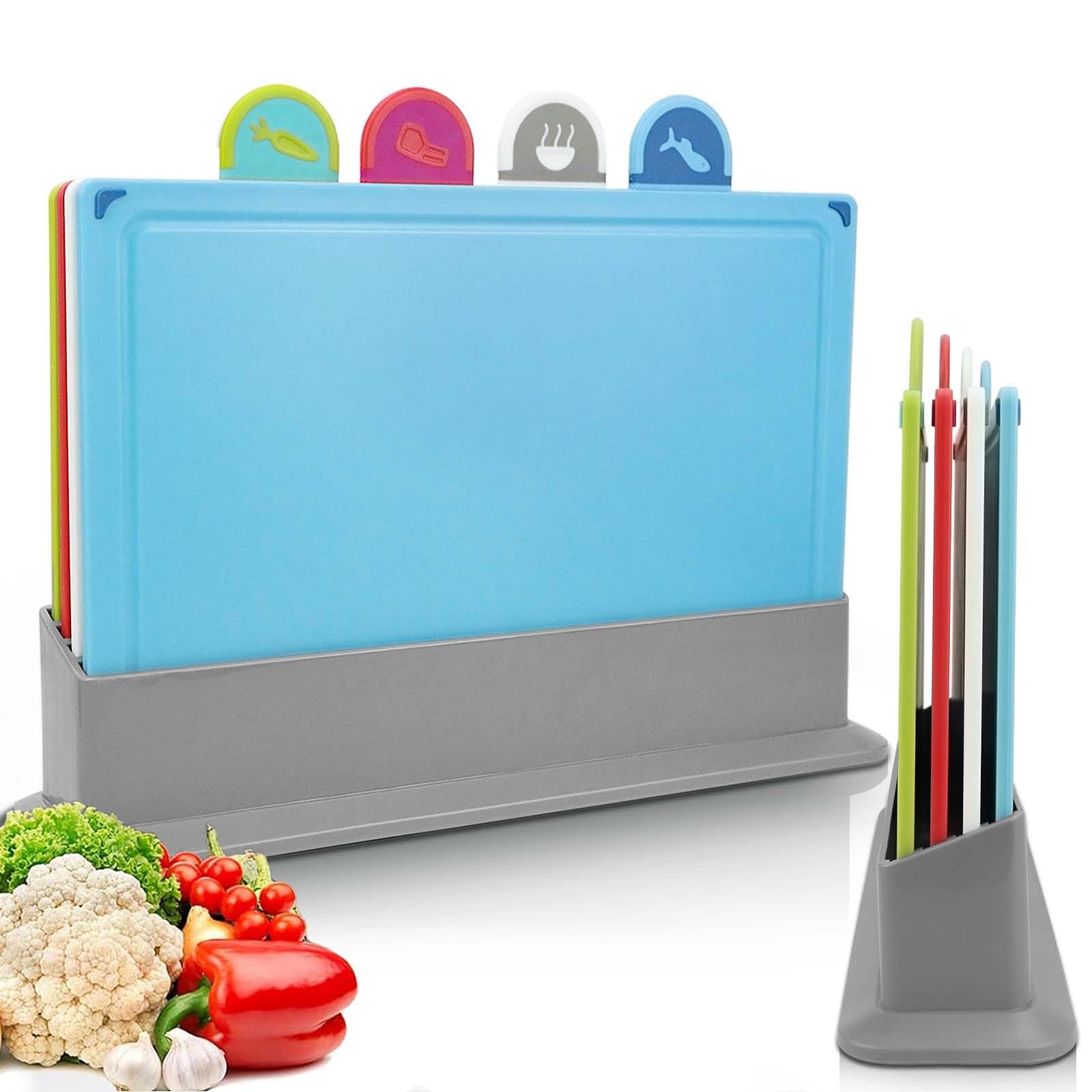 Chopping Board Set of 4, Coloured Plastic Chopping Boards with Stand and Food Icons, Multipurpose Anti-Slip Surface, Cutting Boards Easy to Clean & Prevents Food Cross Contaminaton