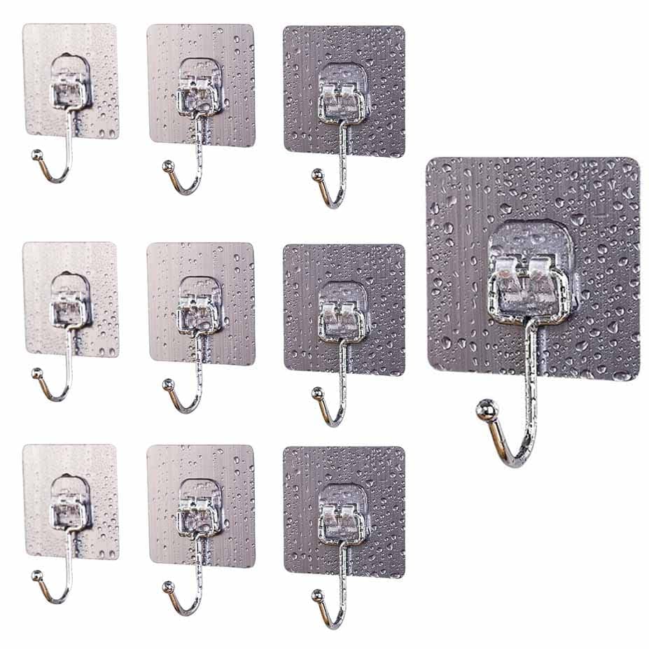 DDSHUN 10Pcs Adhesive Hooks Removable Wall Hooks Heavy Duty Waterproof Reusable Sticky Hooks Strong Adhesion for Kitchen Glass Door Bathroom Hanging Robe, Towel, Coat, Key Hooks - (Natural Color)