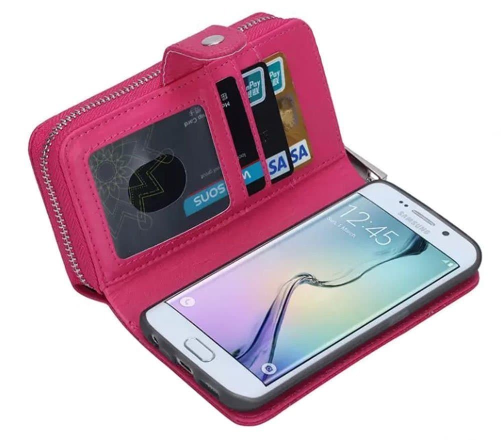 TaoFilm Pro Premium PU Leather Zipper Wallet Bag Case [Detachable Magnetic] [Zipper Wallet + TPU Protection] [Litchi Stripe] [Wrist Strap] For Samsung Galaxy S7 - Rose