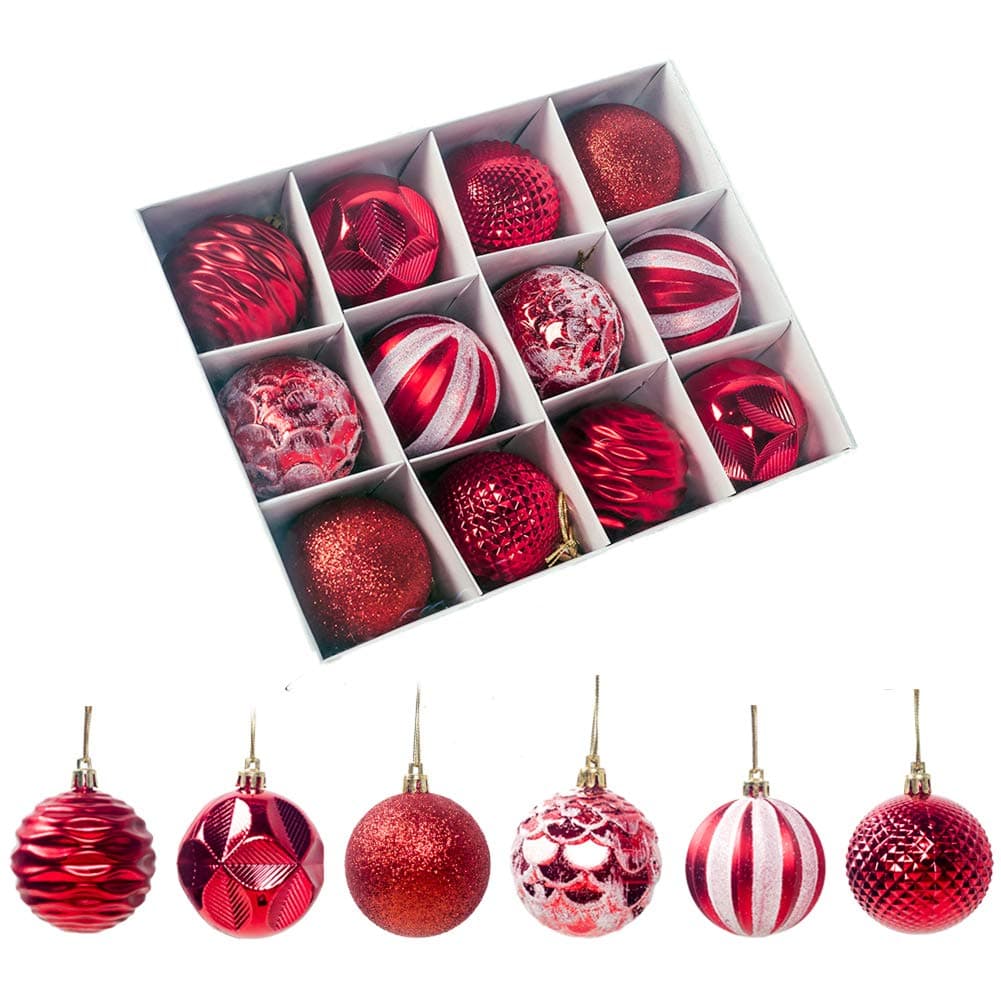 12Pcs Christmas Tree Ball Assorted Ornaments, 2.4” Christmas Shatterproof Shine Ball Decoration for Christmas Tree Holiday Party Wedding Indoor Outdoor, Gift Boxes Ideal for Xmas (red)