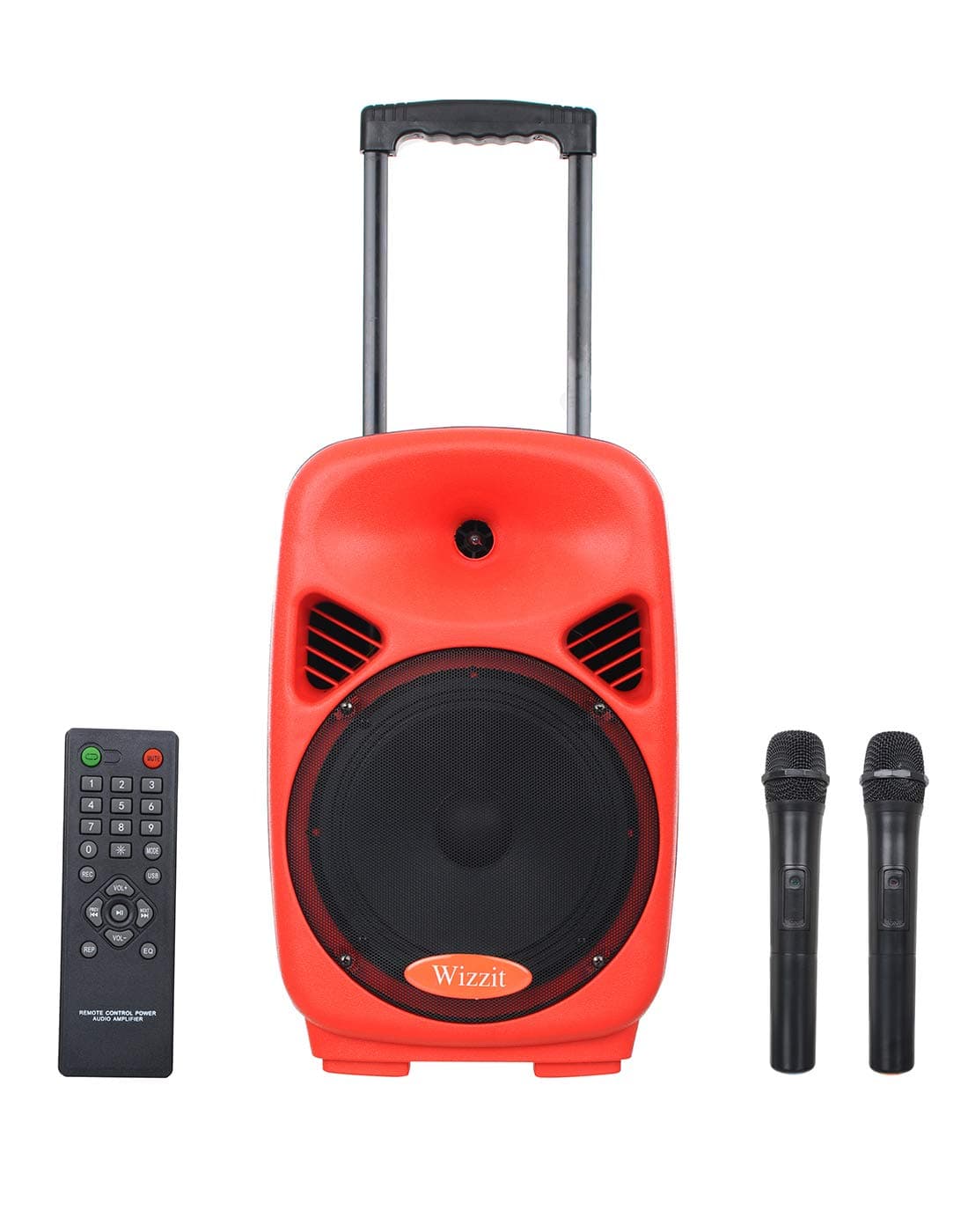 Wizzit Karaoke Bluetooth PA System Portable Rechargeable Trolley Speaker with 2 Wireless Microphone, Remote Control, FM Radio, AUX/TF/USB, 8"