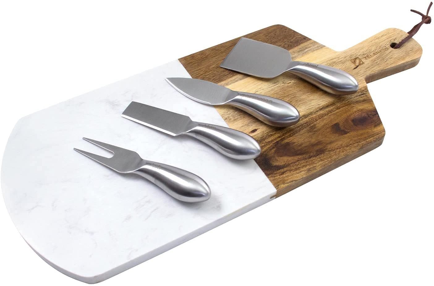 Marble and Acacia Wooden Serving Cheese Board, 6 Piece Set Includes Stainless Steel Cheese Tools, Serving Paddle, Wood Cheese Knife Holder with Integrated Magnets