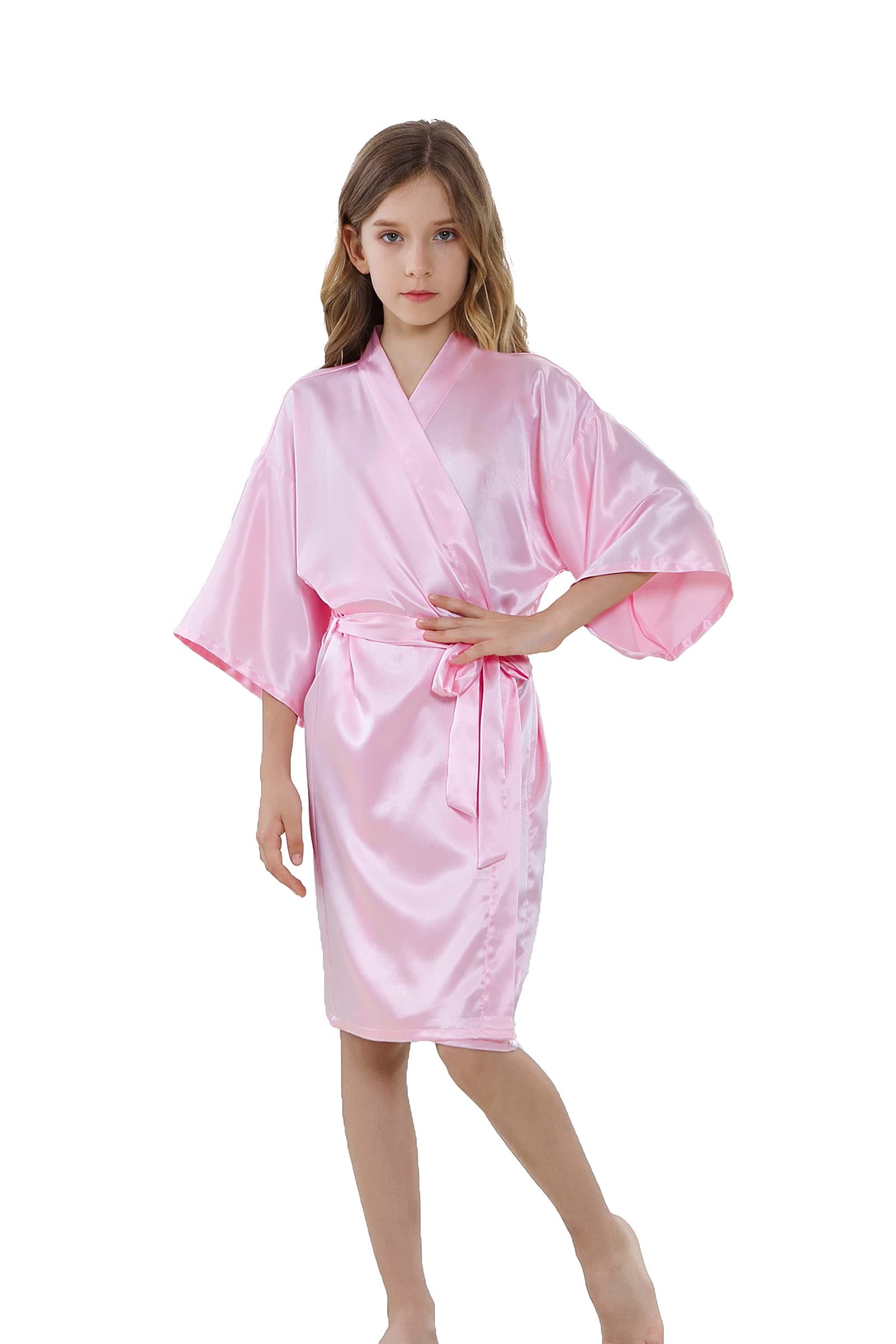 ALHAVONEGirl's Kid's Silky Satin Solid Color Short Kimono Robe for Wedding Birthday Party Spa