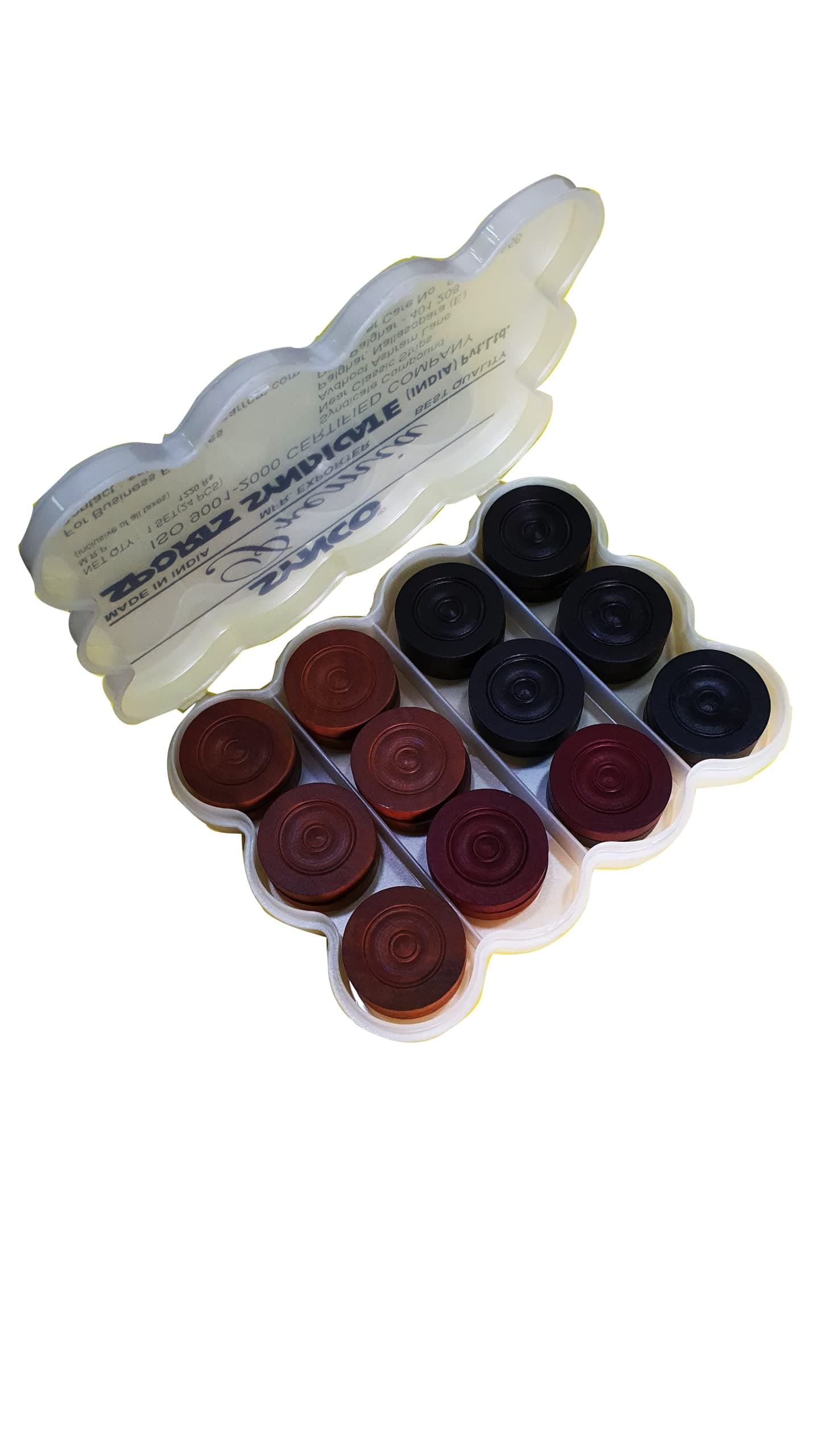 Premia Wooden Carrom Coins 24 (11 Brown + 11 Black + 2 Red) in Premium Box (PVCbox)