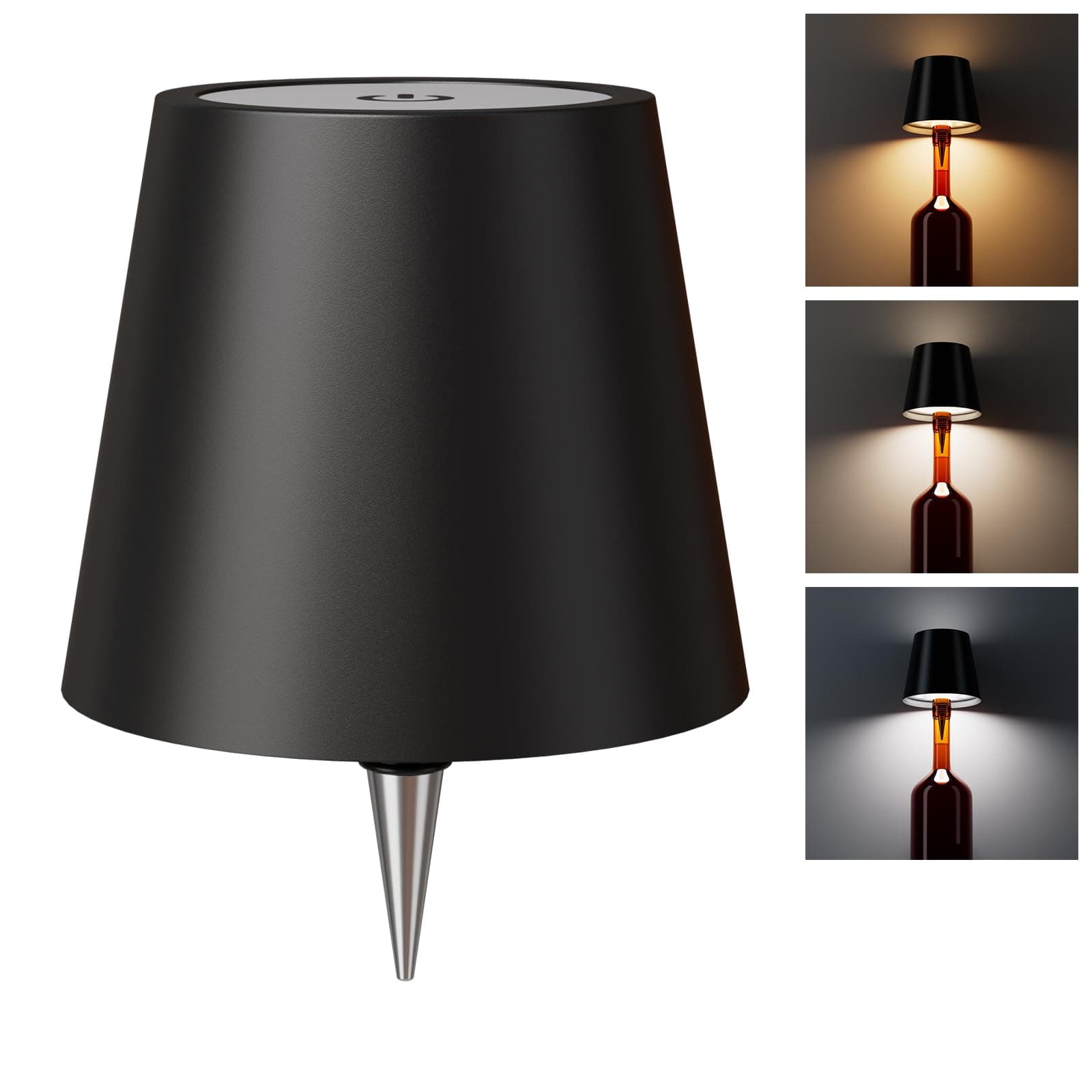 Wine Bottle Lights, Wireless Bottle Lamp Shade with 3 Color Temperature, Rechargeable Stepless Dimming LED Bottle Lights for Liquor Bottles, Desk Lamp for Bedroom Restaurant Bar - Black