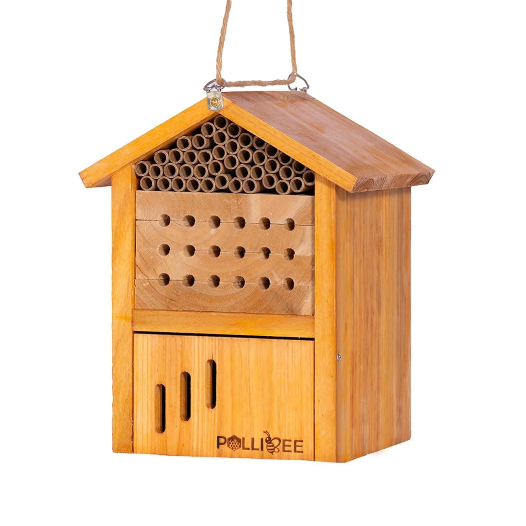 Mason Bee House Wax Coated Wooden Bee Hotel Insect Home for Butterfly and Ladybirds Water-Proof Beehouses for The Garden Attracts Peaceful Bee Pollinators to Enhance Your Garden's Productivity