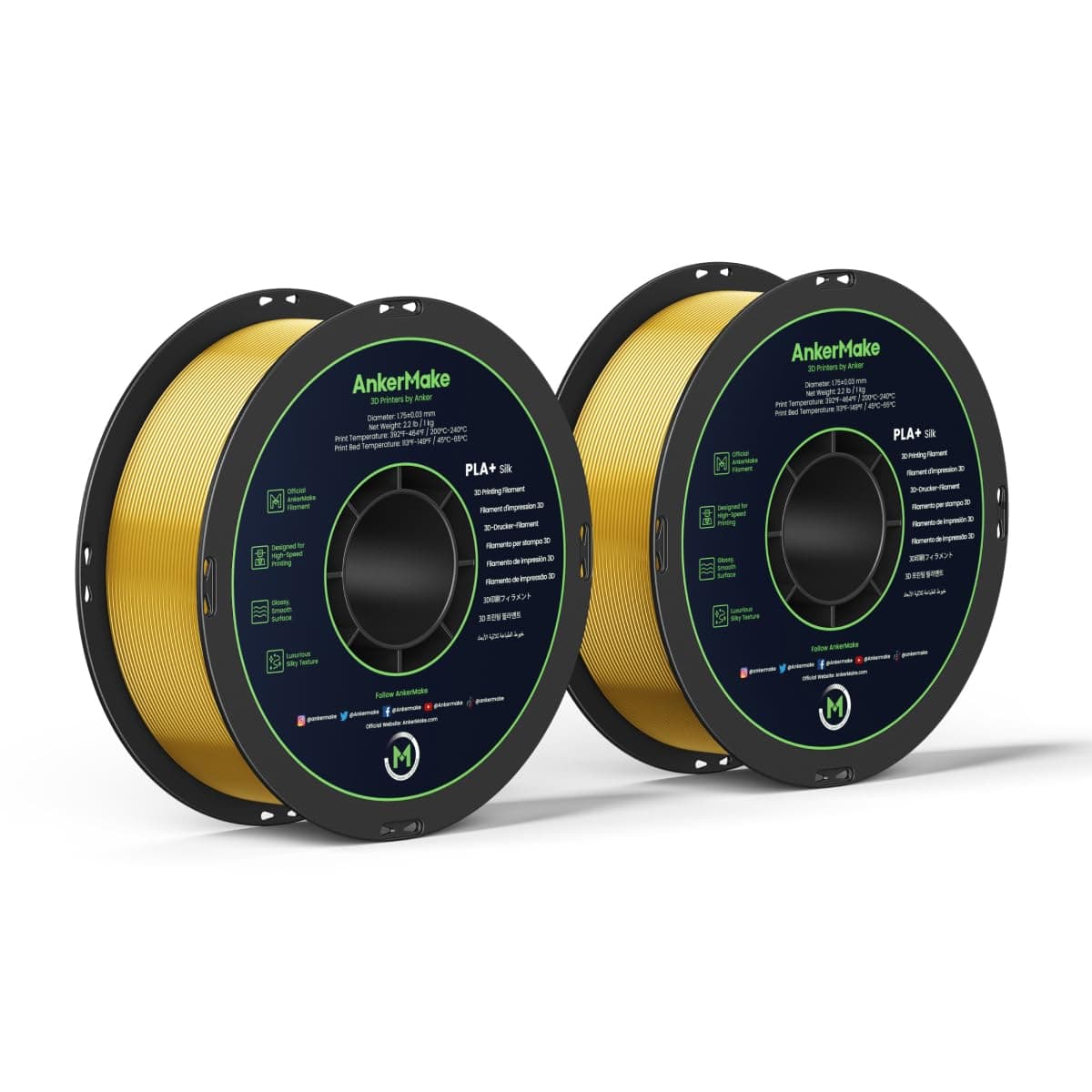 AnkerMake PLA+ Silk 3D Printing Filament, AnkerMake Official Filament, 2-Pack, 4.4 lb / 2 kg, Luxurious Silk Texture, Smooth, Designed for High-Speed Printing - Silk Gold
