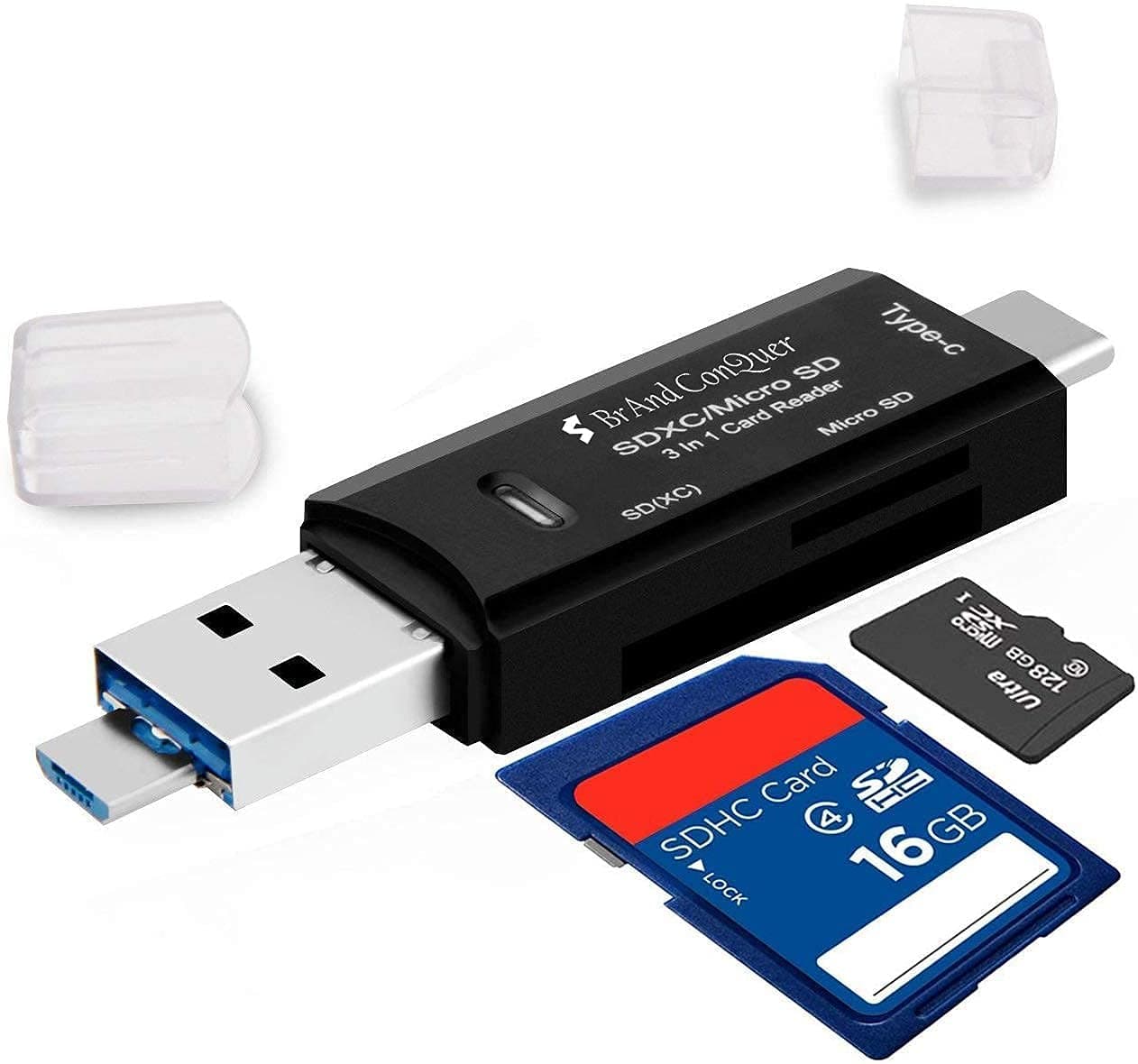 Brand Conquer SD Card Reader USB Type C, USB 3.0 and Micro USB OTG Memory Card Adapter Portable 1 Slots for TF, SD, Micro SD, SDXC, SDHC, MMC, RS-MMC, Micro SDXC (3 in 1 Card Reader)