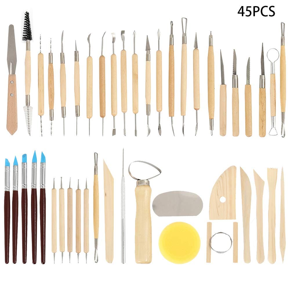 Westmell 45PCS Pottery Clay Sculpting Tools Set, Ceramic Clay Carving Tool Wood Stainless Steel Silicone for Beginners Professional Art Crafts Schools and Home Safe for Kids