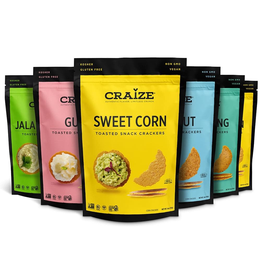 CraizeVariety Pack | Sweet Corn x2, Coconut, Guava, Everything, Jalapeno Lime Crisps | Gluten Free, Vegan, Toasted Corn Crackers | 6 pack, 4 oz each